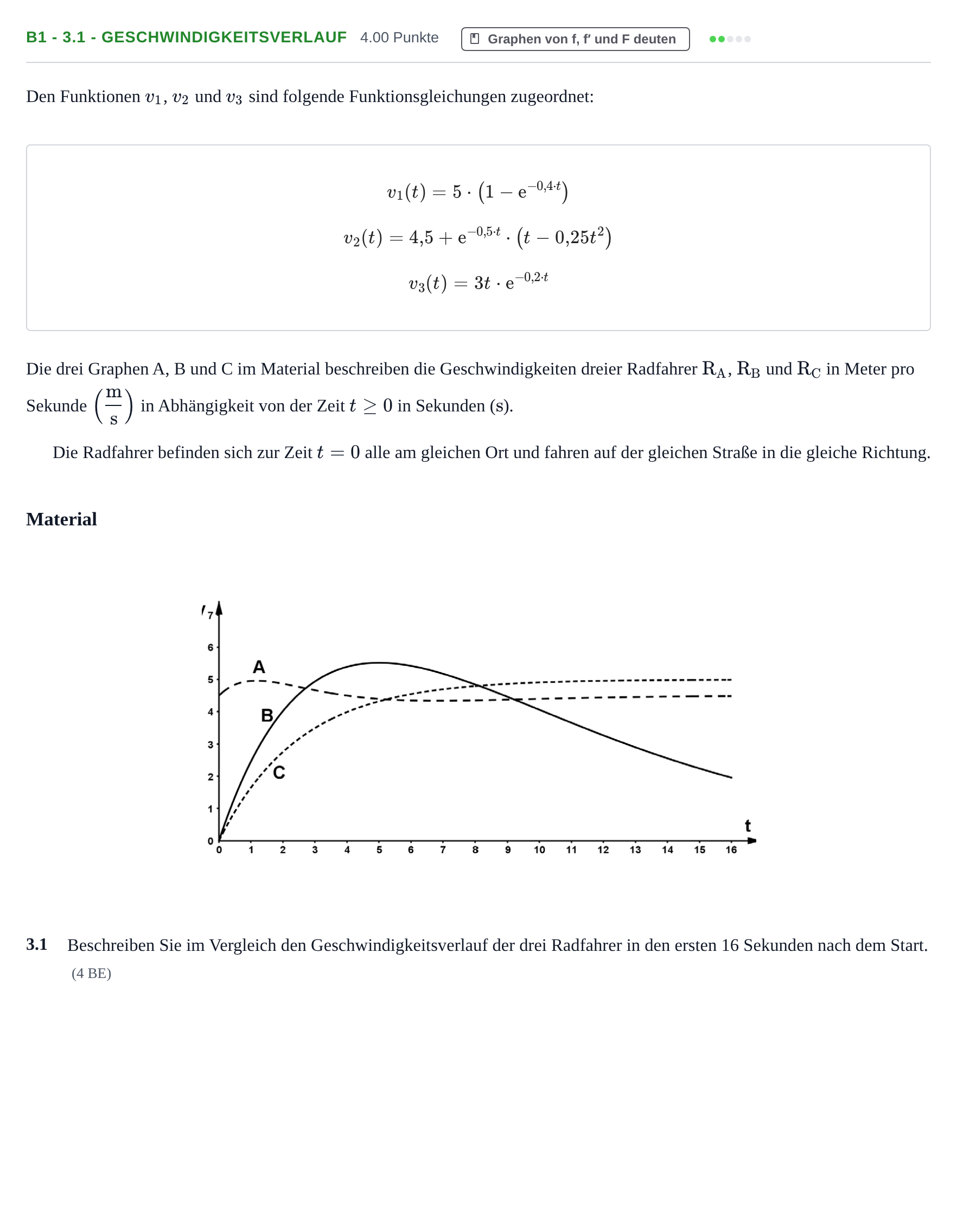 Aufgabenstellung: Aufgabe B1 - 3.1 - Geschwindigkeitsverlauf · Abitur Hessen Mathematik LK · WTR 2021