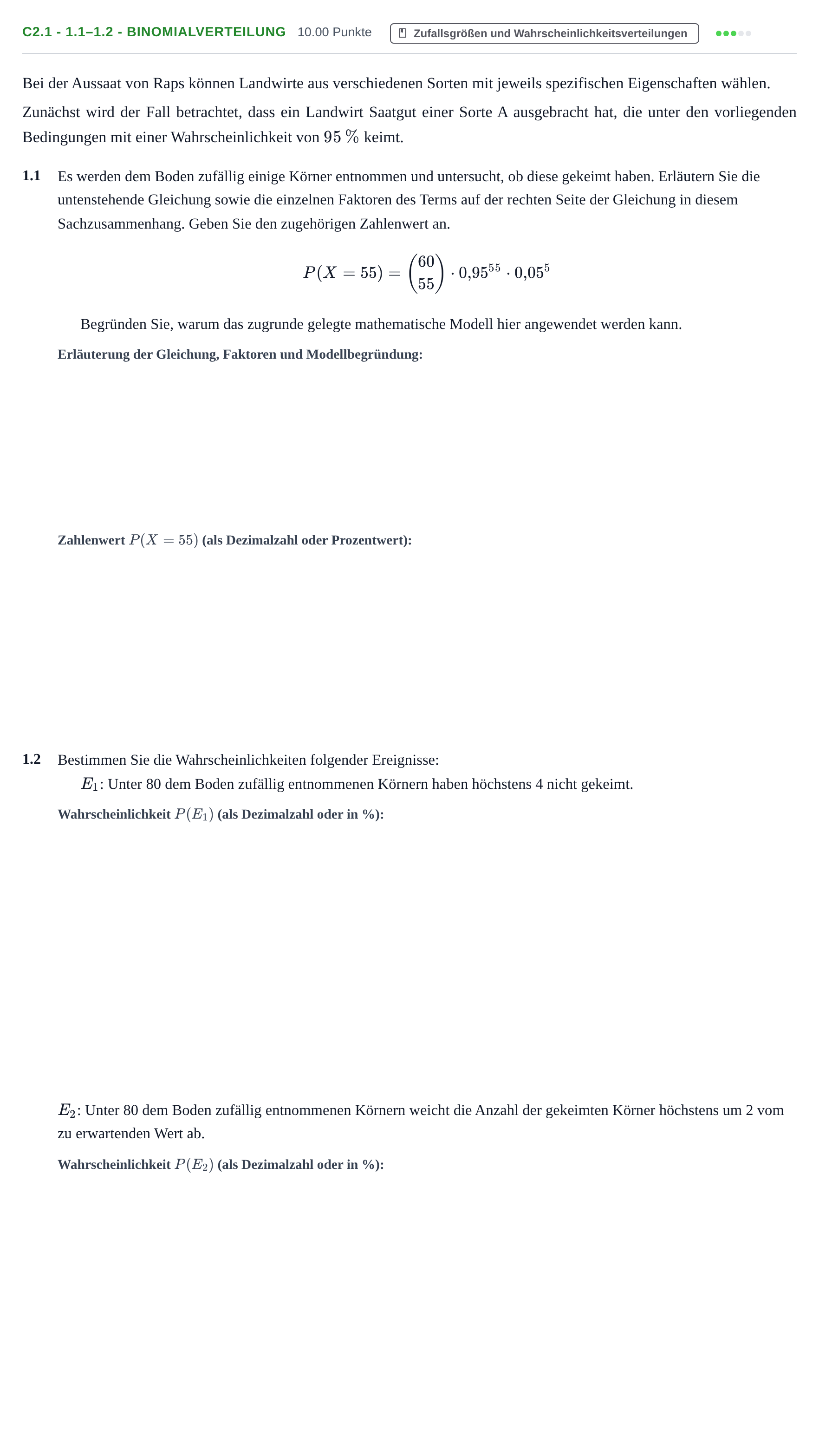 Aufgabenstellung: Aufgabe C2.1 - 1.1–1.2 - Binomialverteilung · Abitur Hessen Mathematik LK · WTR 2021