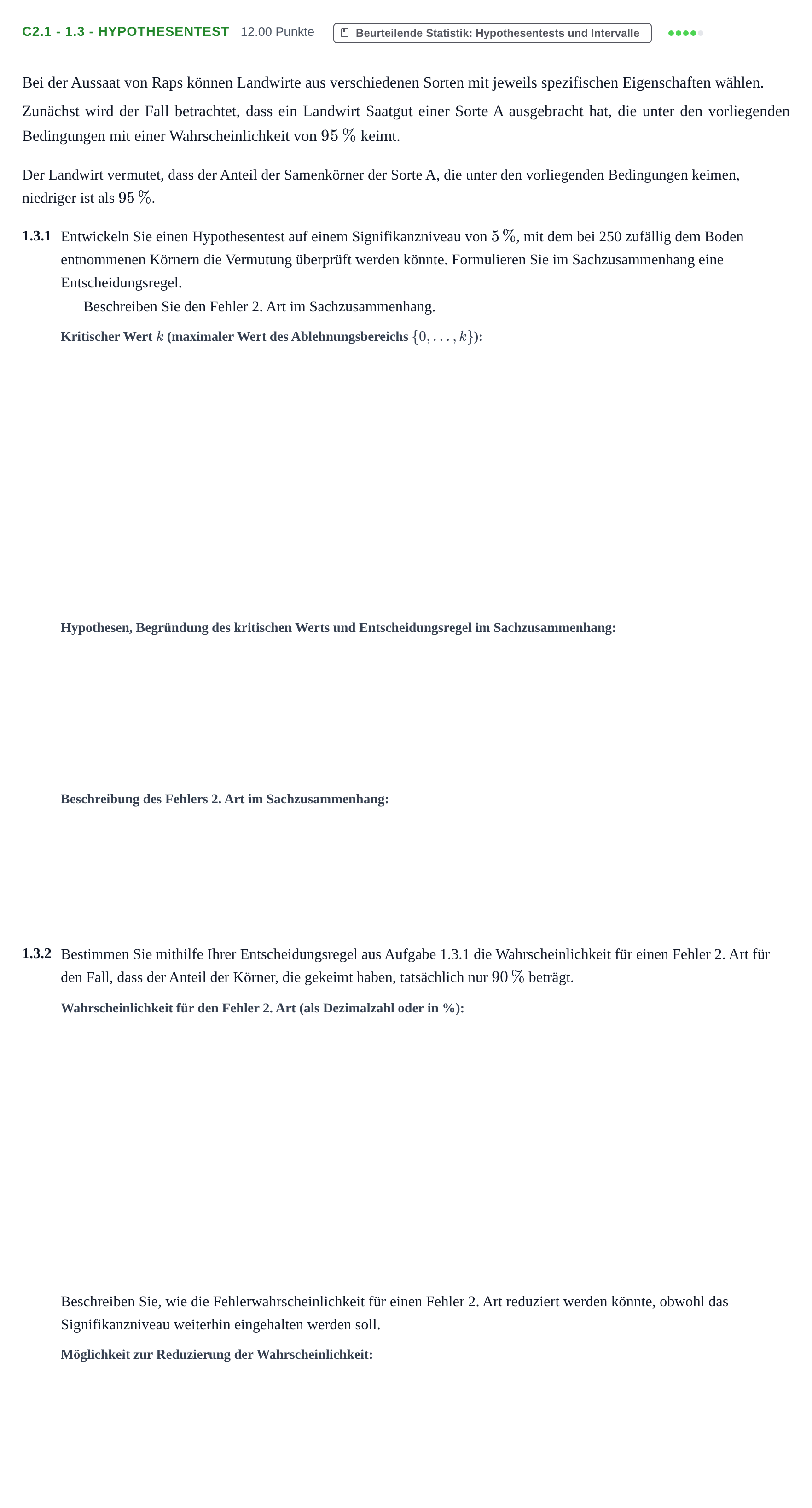 Aufgabenstellung: Aufgabe C2.1 - 1.3 - Hypothesentest · Abitur Hessen Mathematik LK · WTR 2021
