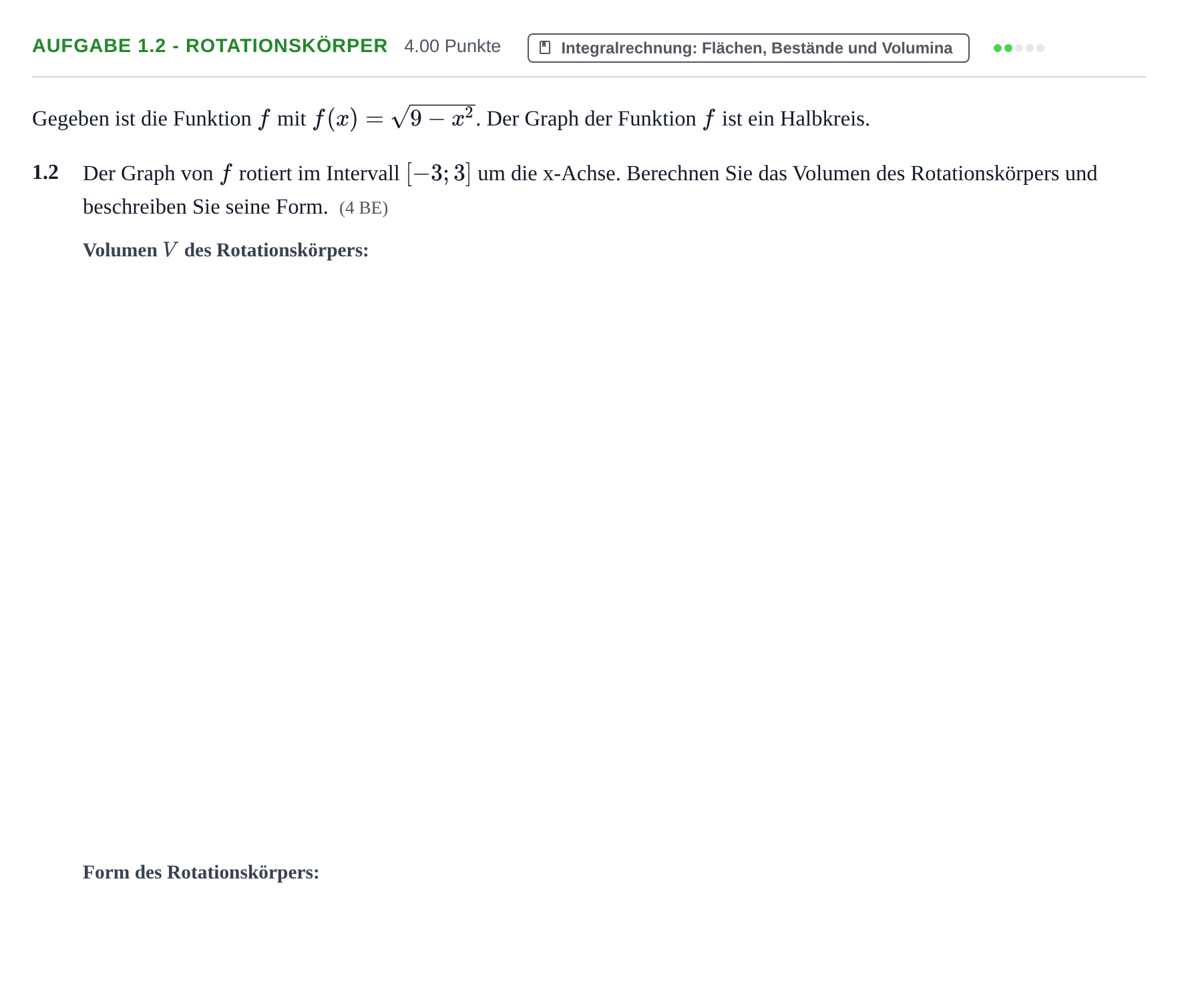 Aufgabenstellung: Aufgabe 1.2 - Rotationskörper · Abitur Hessen Mathematik LK · WTR 2021