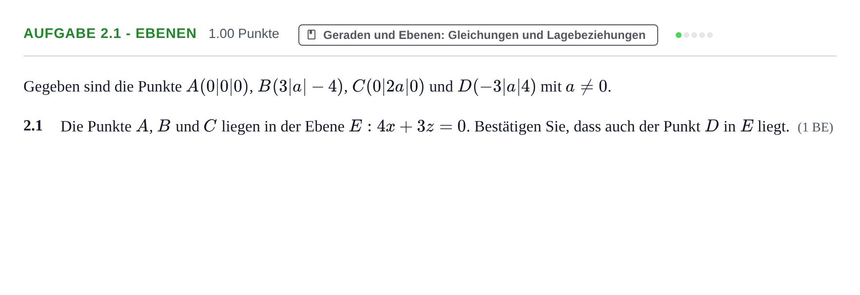 Aufgabenstellung: Aufgabe 2.1 - Ebenen · Abitur Hessen Mathematik LK · WTR 2021