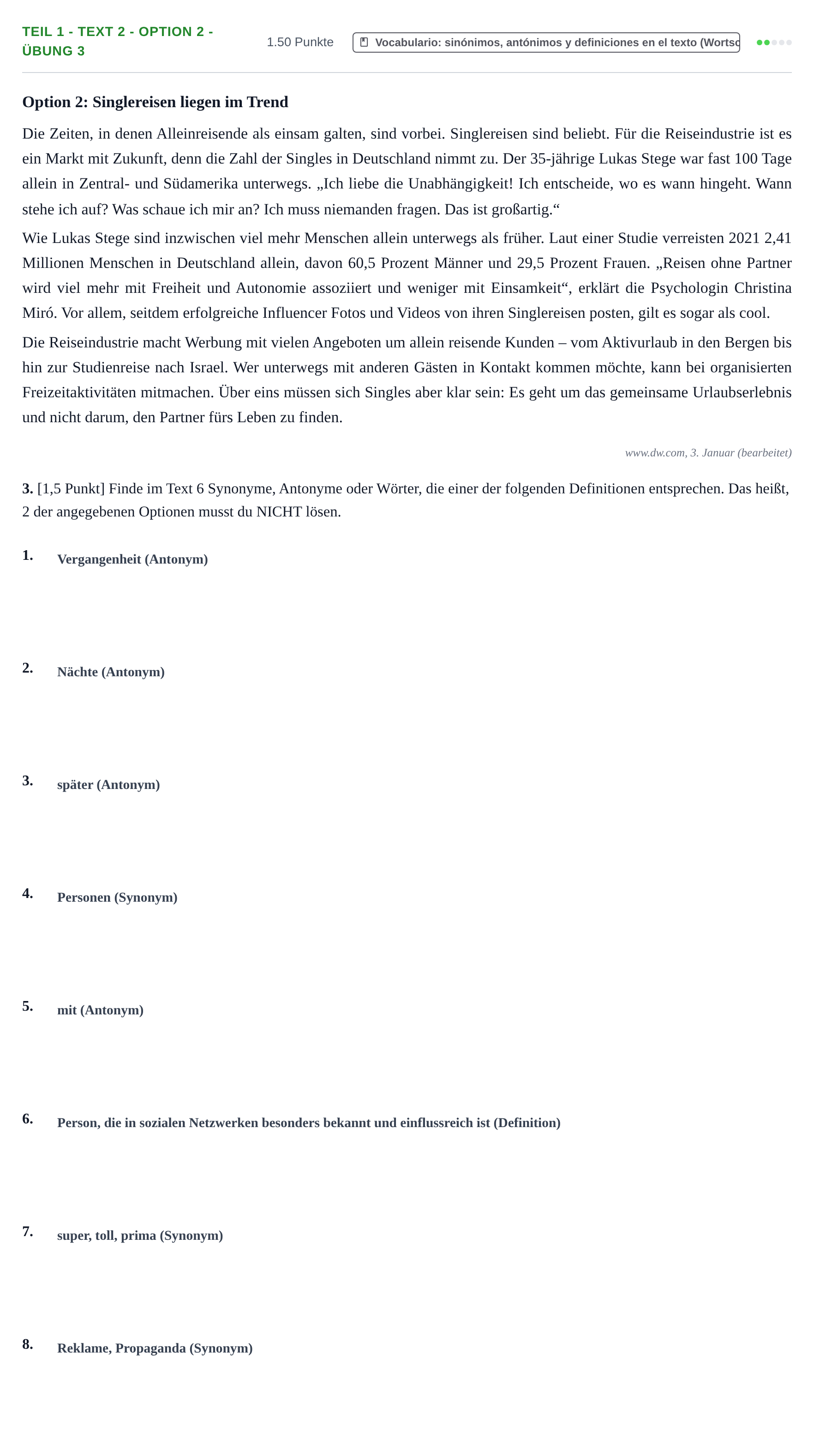 Enunciado: Ejercicio Teil 1 - Text 2 - Option 2 - Übung 3 · Alemán PAU Cantabria Extraordinaria 2023