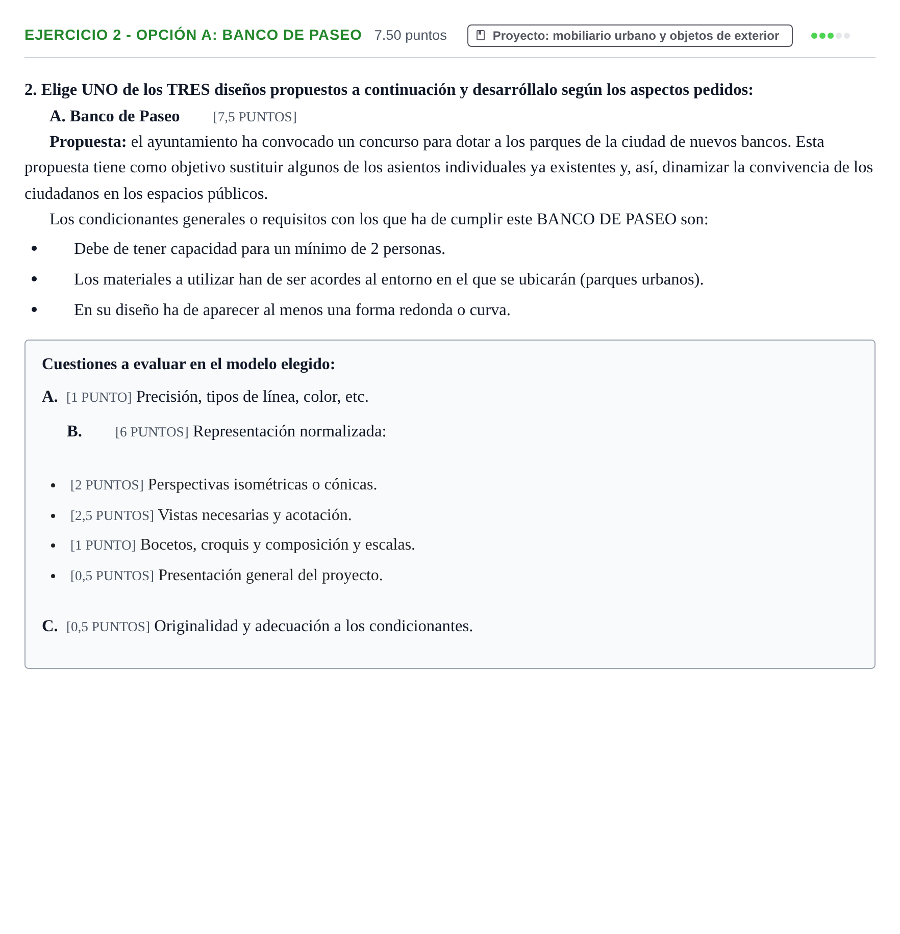 Enunciado: Ejercicio 2 - Opción A: Banco de Paseo · Diseño PAU Cantabria Extraordinaria 2023