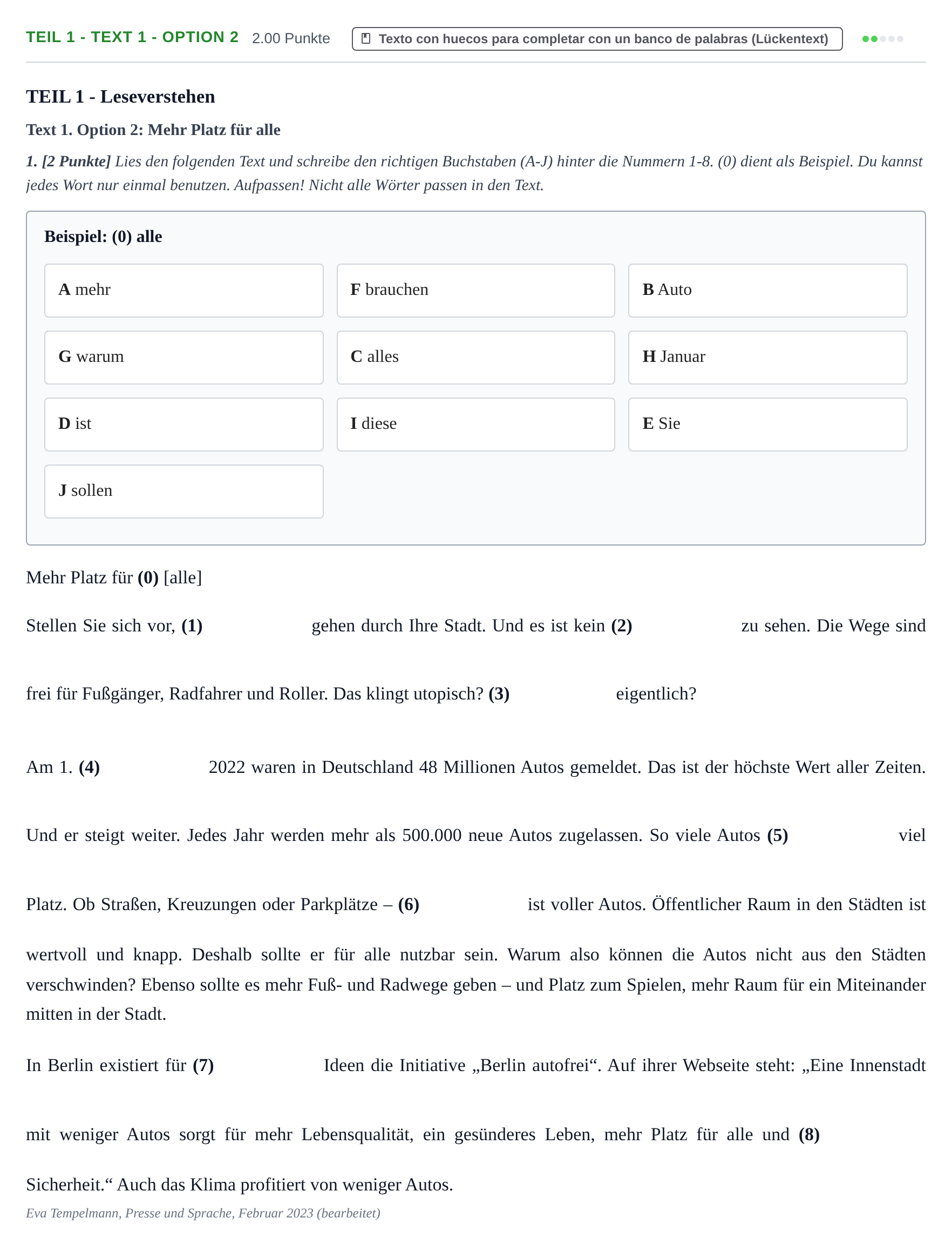 Enunciado: Ejercicio Teil 1 - Text 1 - Option 2 · Alemán PAU Cantabria Ordinaria 2023