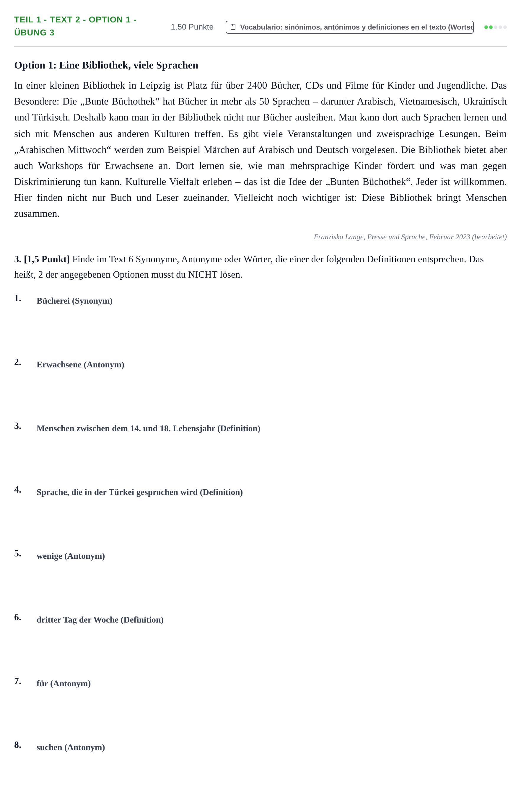Enunciado: Ejercicio Teil 1 - Text 2 - Option 1 - Übung 3 · Alemán PAU Cantabria Ordinaria 2023