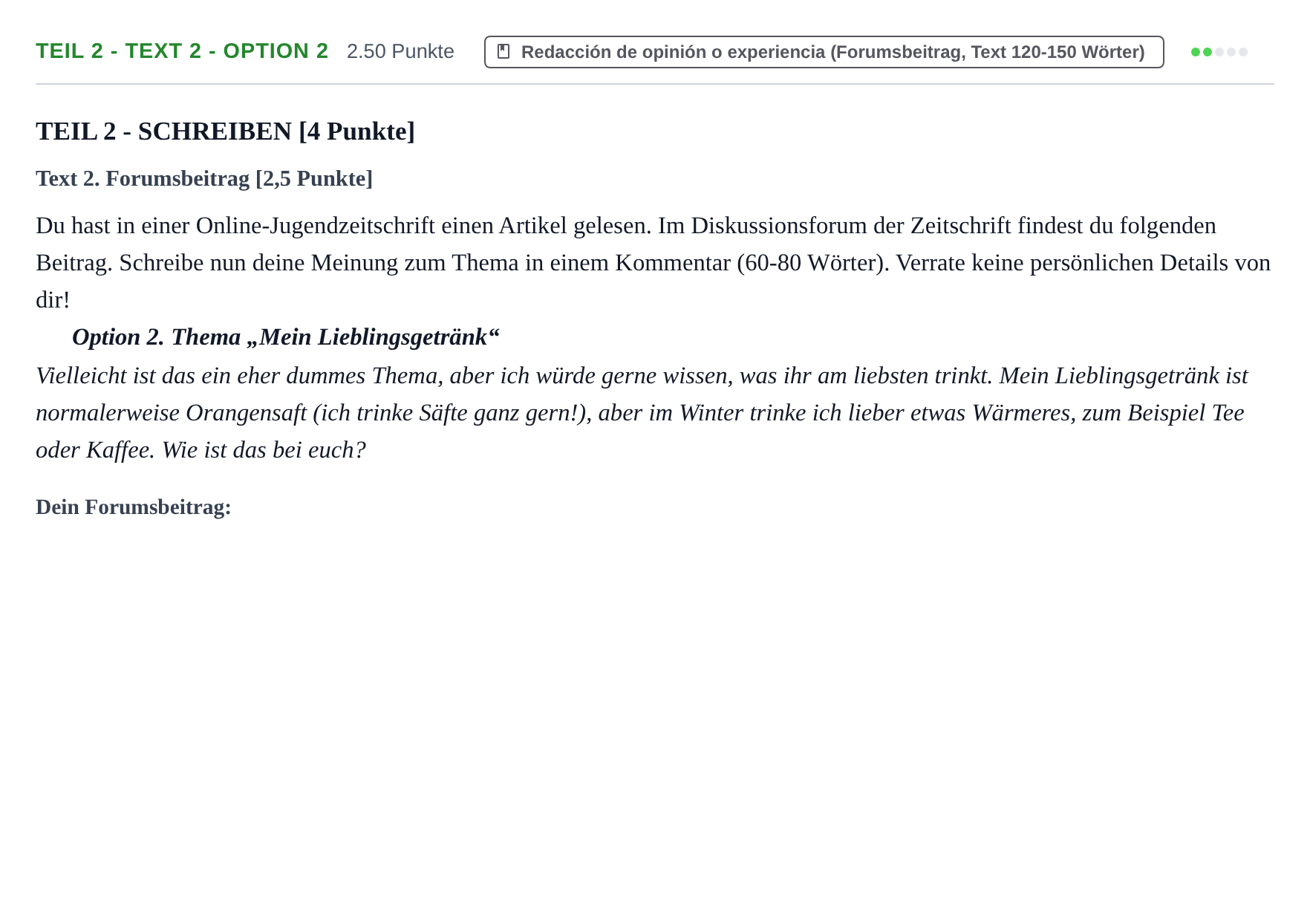 Enunciado: Ejercicio Teil 2 - Text 2 - Option 2 · Alemán PAU Cantabria Ordinaria 2023