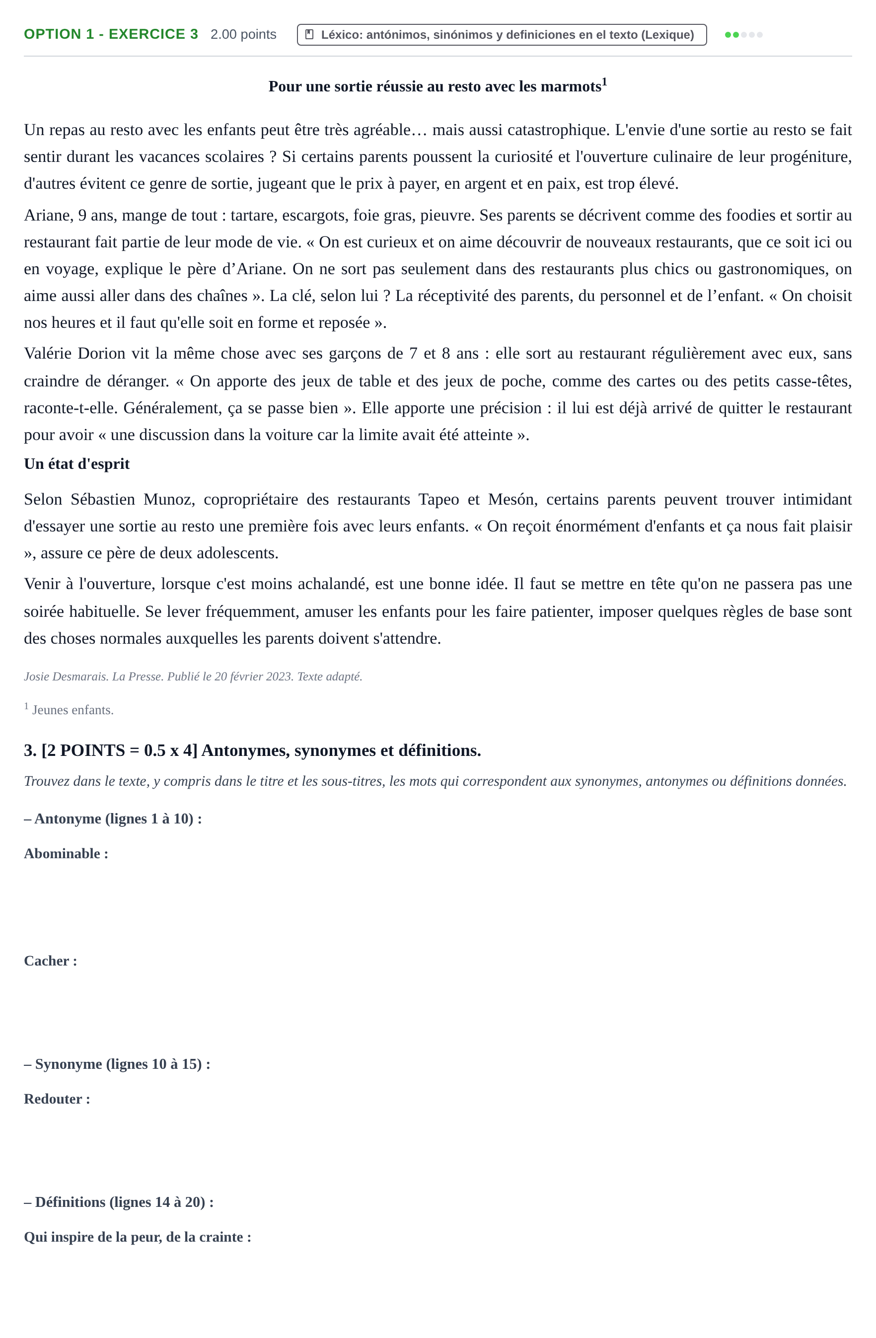 Enunciado: Ejercicio Option 1 - Exercice 3 · Francés PAU Cantabria Ordinaria 2023