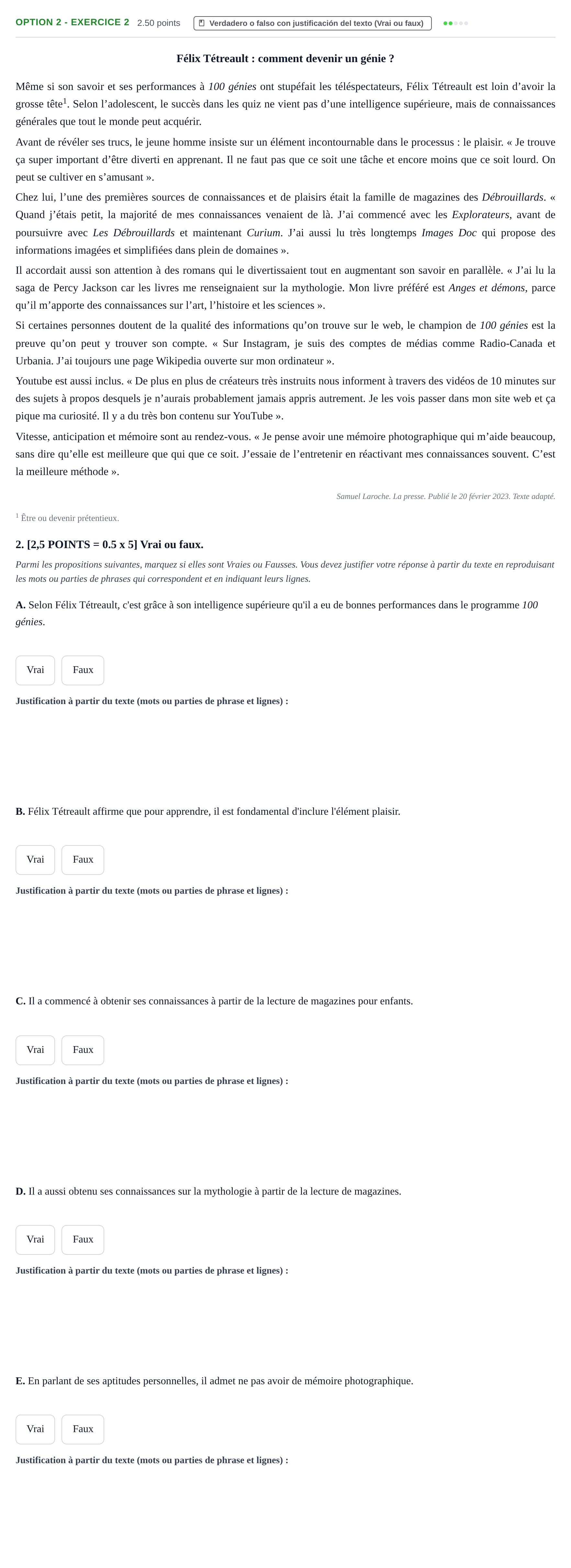 Enunciado: Ejercicio Option 2 - Exercice 2 · Francés PAU Cantabria Ordinaria 2023
