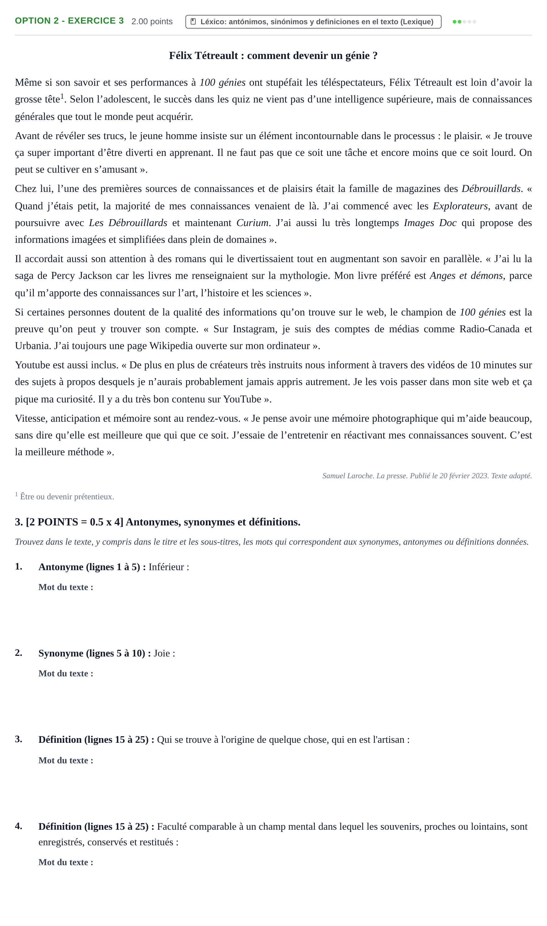 Enunciado: Ejercicio Option 2 - Exercice 3 · Francés PAU Cantabria Ordinaria 2023