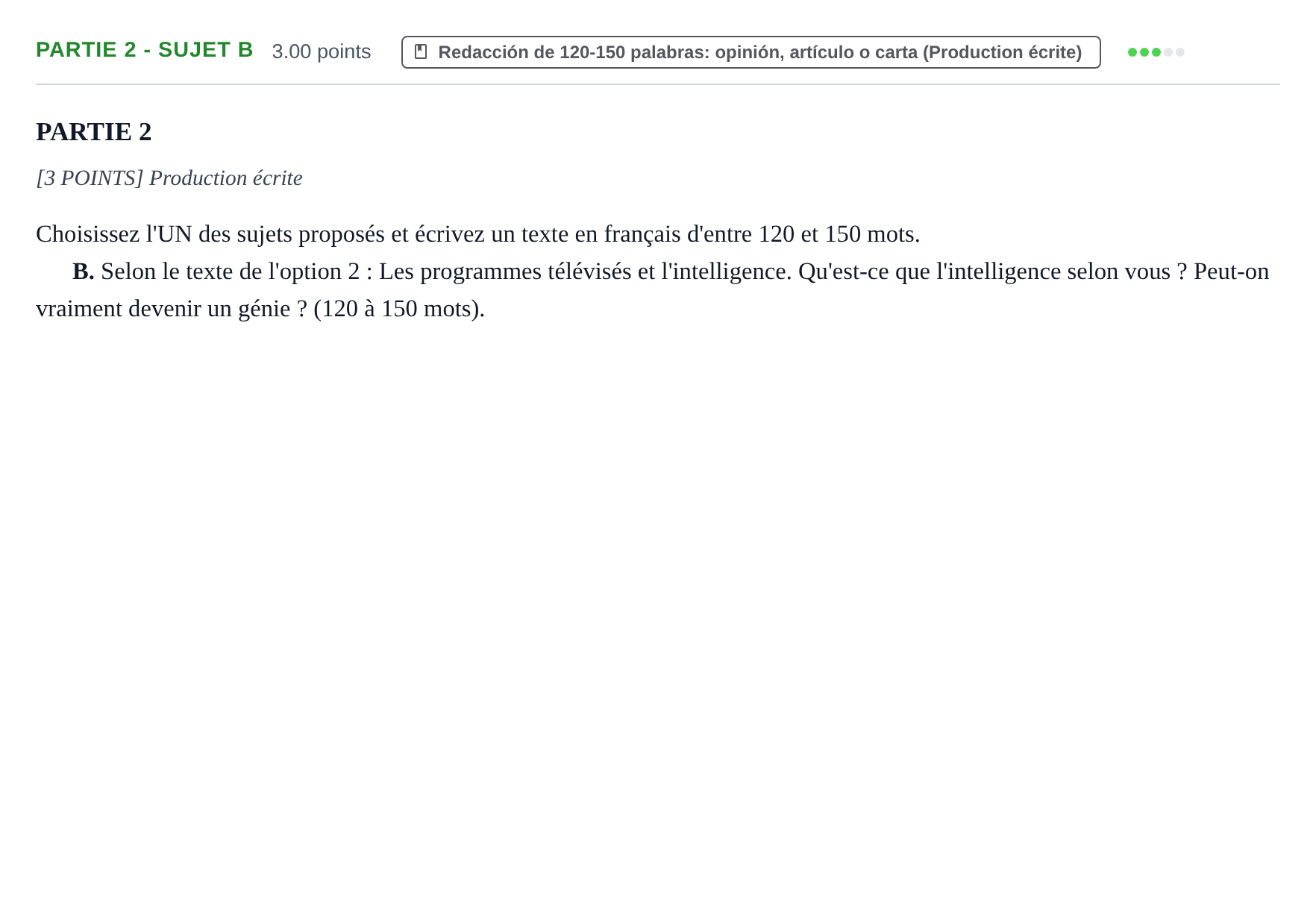 Enunciado: Ejercicio Partie 2 - Sujet B · Francés PAU Cantabria Ordinaria 2023