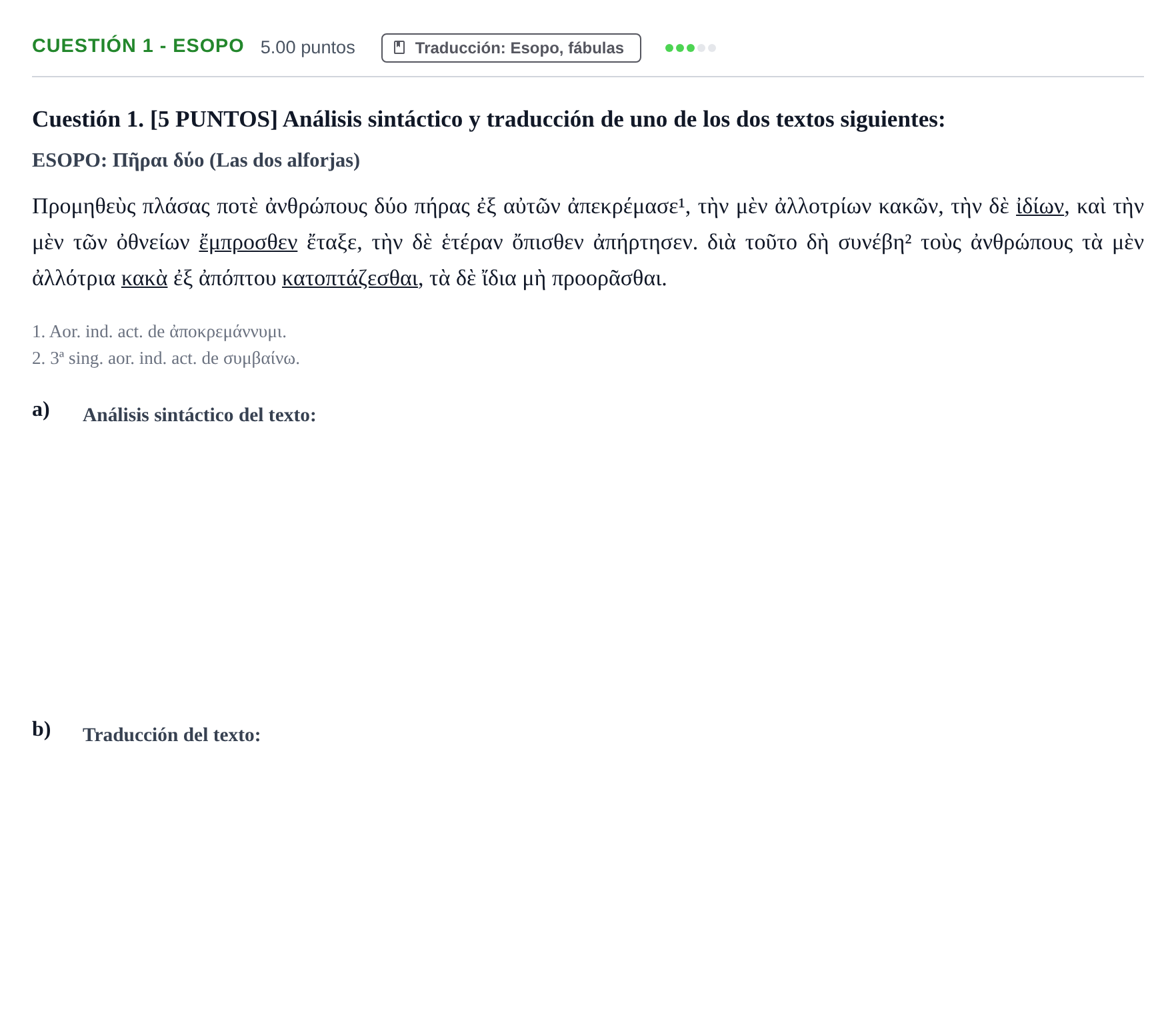 Enunciado: Cuestión 1 - Esopo · Griego II PAU Cantabria Extraordinaria 2023