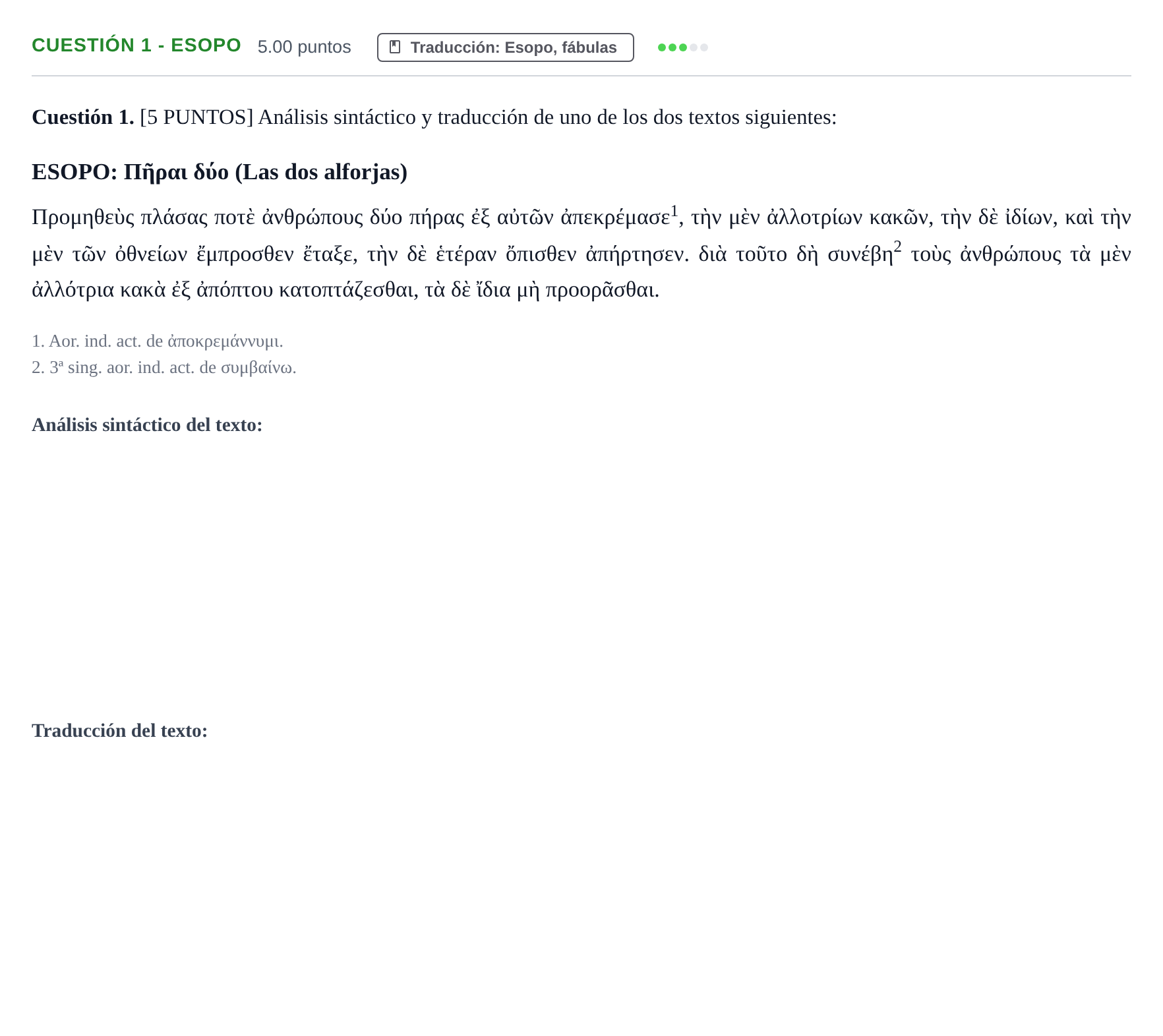 Enunciado: Cuestión 1 - Esopo · Griego II PAU Cantabria Ordinaria 2023