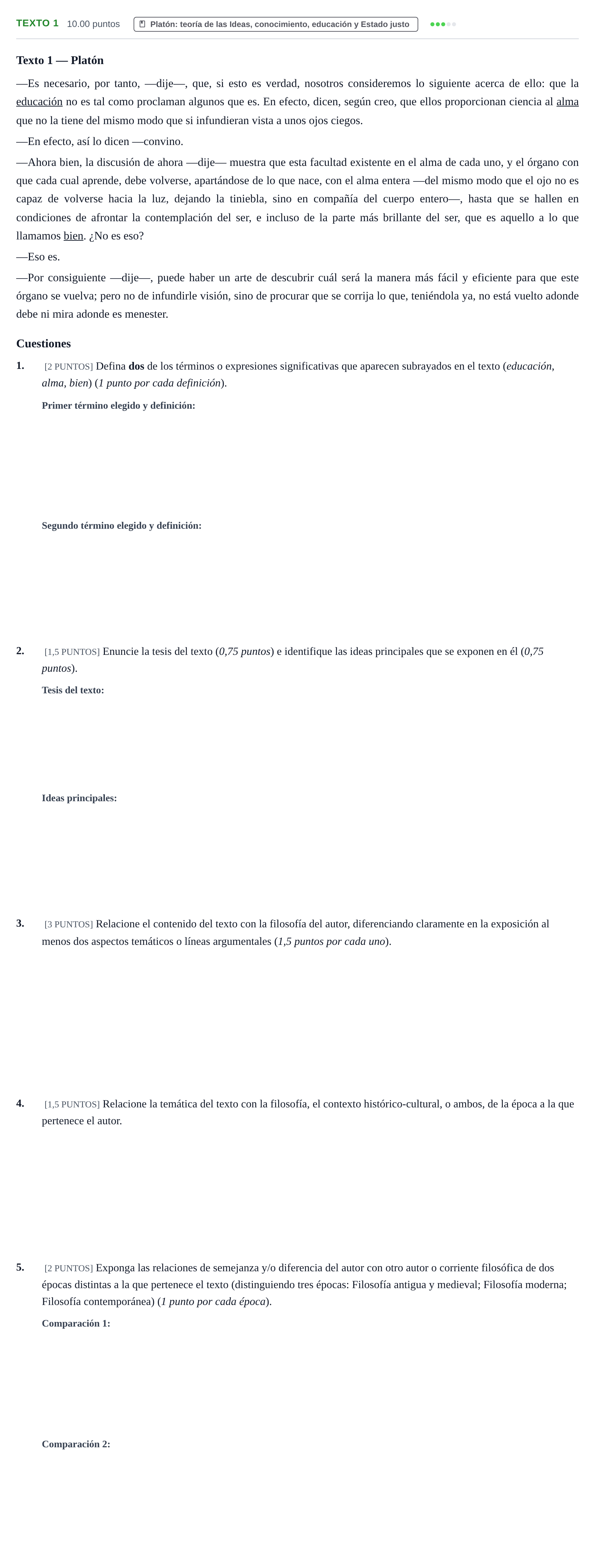 Enunciado: Ejercicio Texto 1 - Platón · Historia de la Filosofía PAU Cantabria Extraordinaria 2023