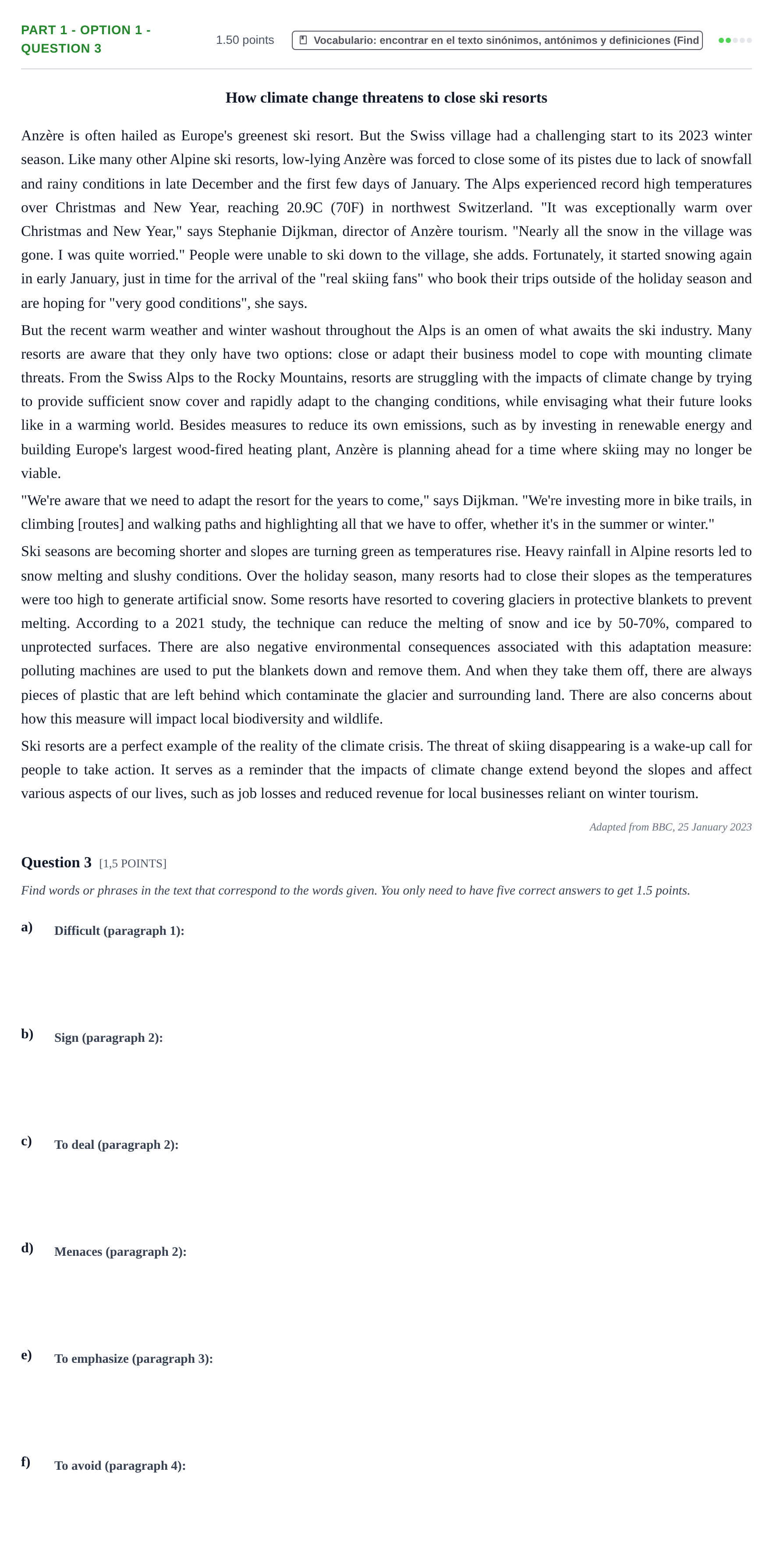 Enunciado: Part 1 - Option 1 - Question 3 · Inglés PAU Cantabria Extraordinaria 2023