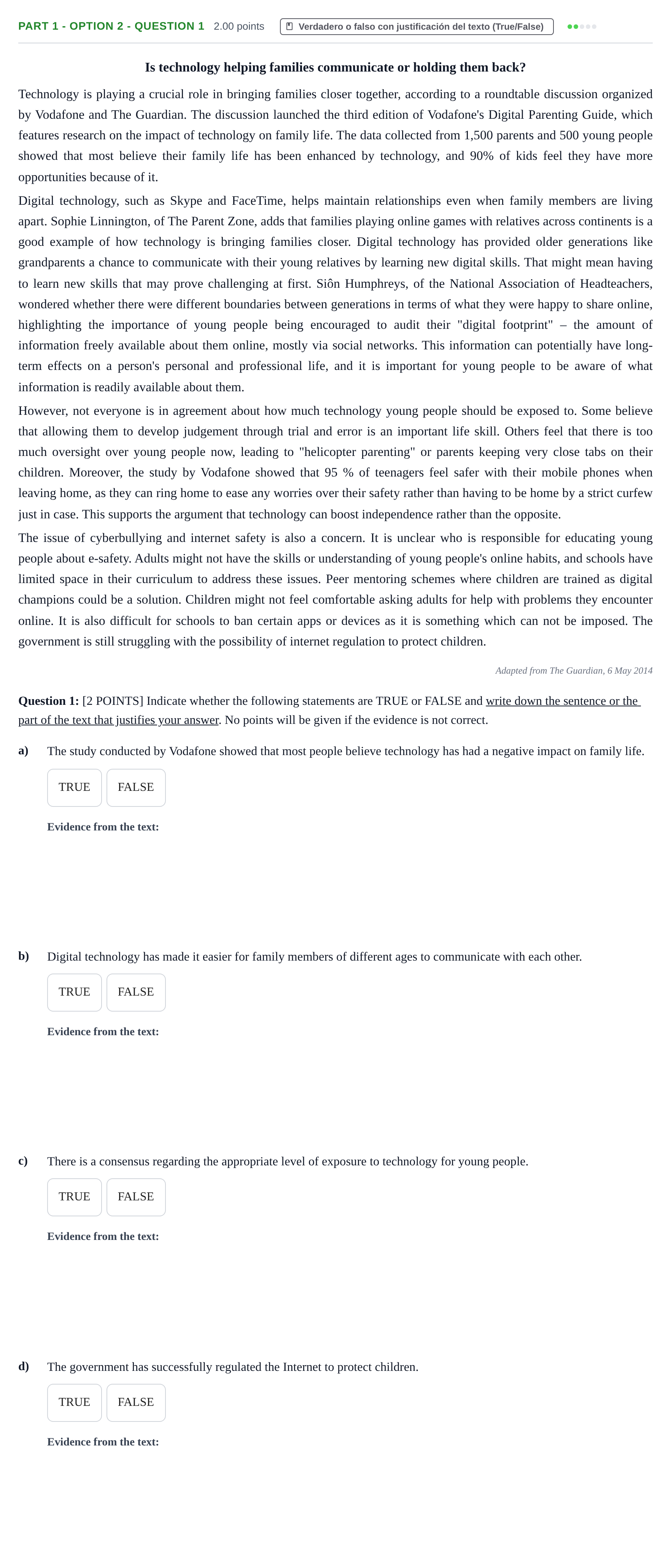 Enunciado: Part 1 - Option 2 - Question 1 · Inglés PAU Cantabria Extraordinaria 2023