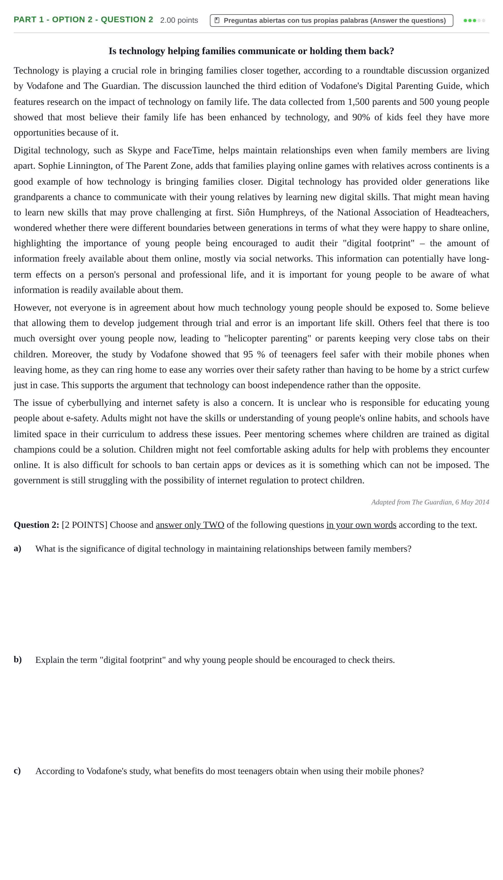 Enunciado: Part 1 - Option 2 - Question 2 · Inglés PAU Cantabria Extraordinaria 2023