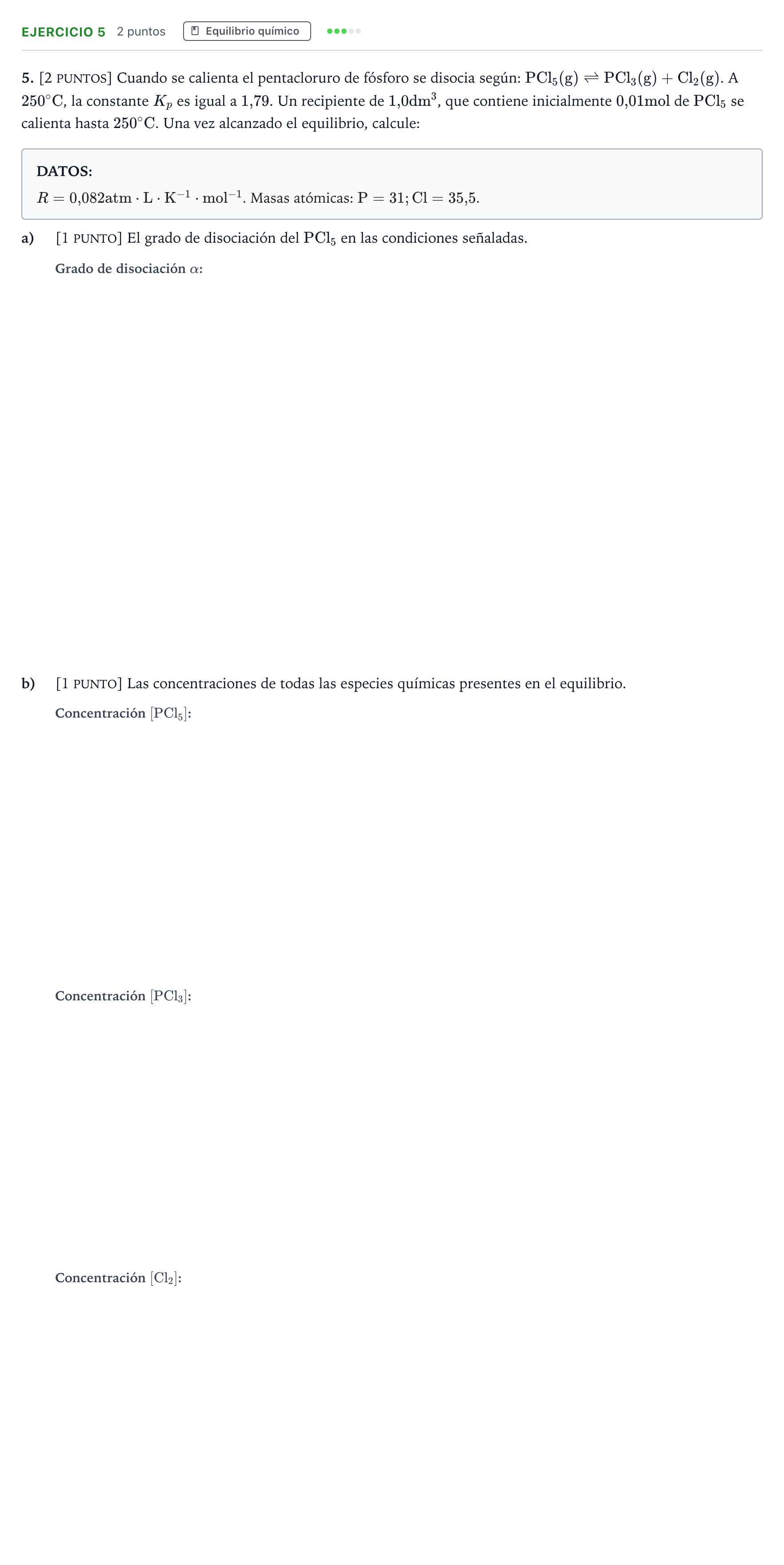 Enunciado: Problema 5 · Química PAU Cantabria Ordinaria 2023