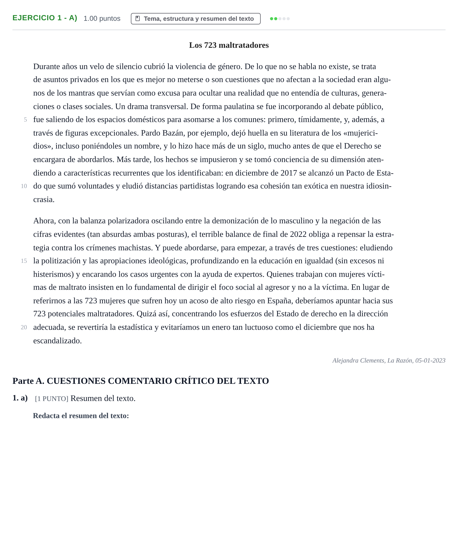 Enunciado: Ejercicio 1 - a) · Lengua Castellana y Literatura II PAU Cantabria Ordinaria 2023