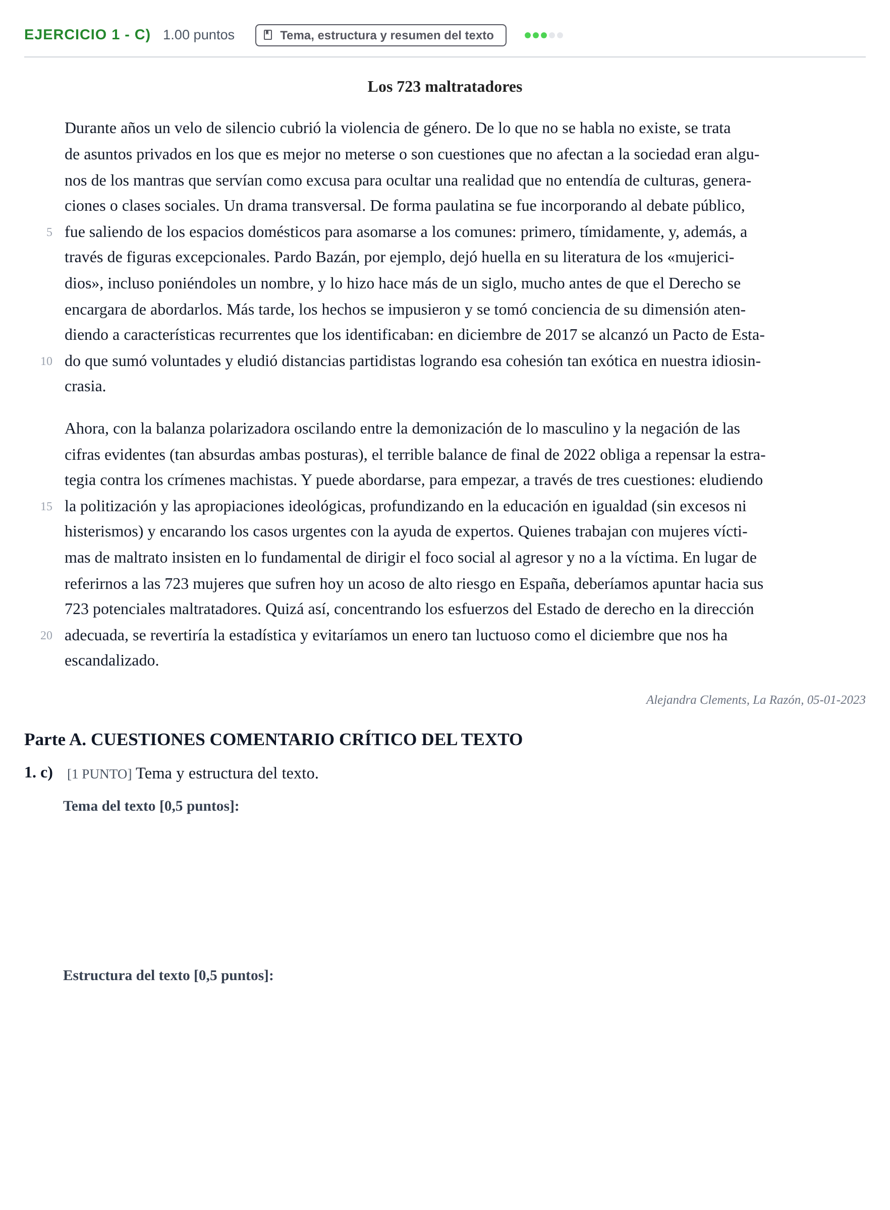 Enunciado: Ejercicio 1 - c) · Lengua Castellana y Literatura II PAU Cantabria Ordinaria 2023