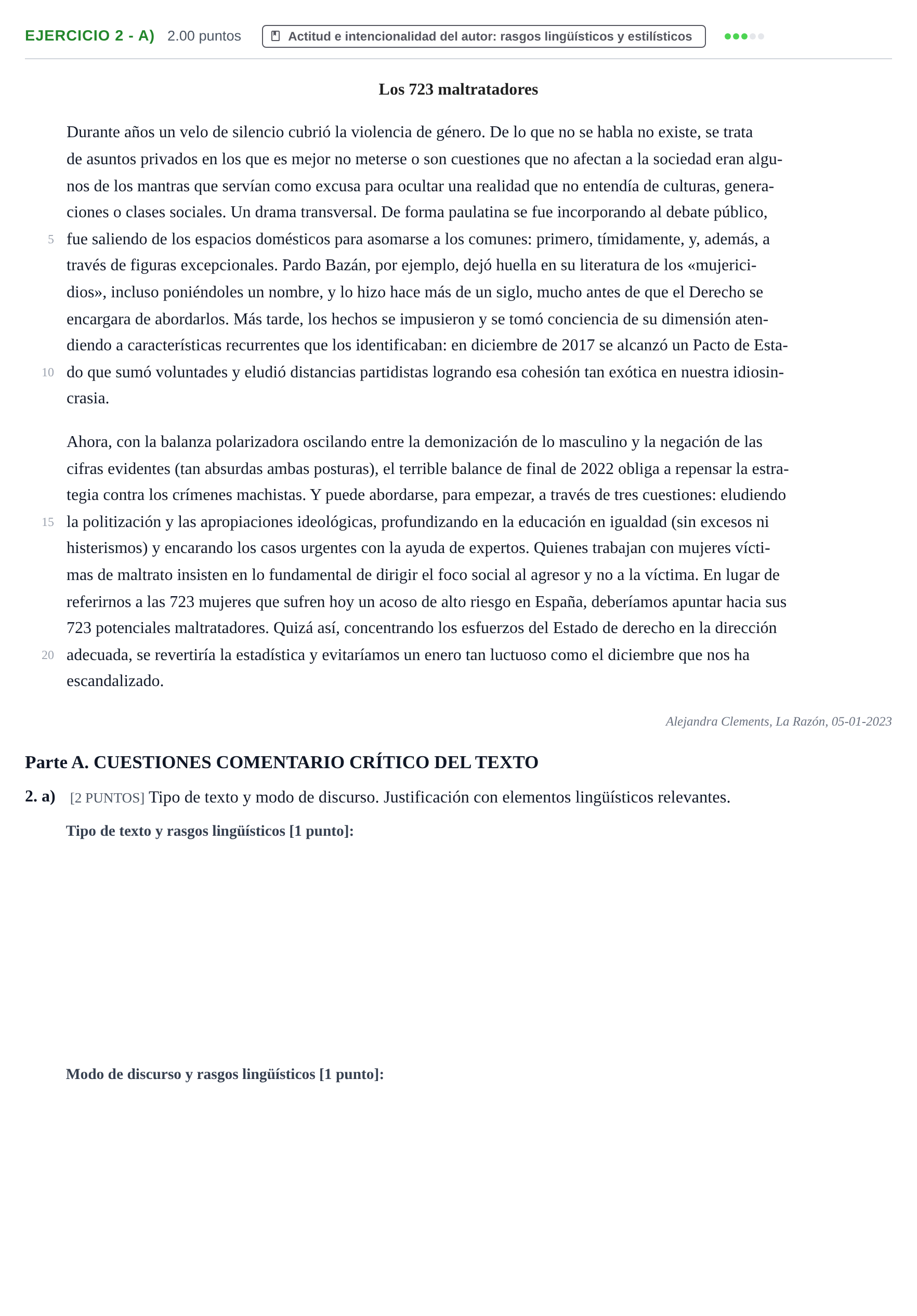Enunciado: Ejercicio 2 - a) · Lengua Castellana y Literatura II PAU Cantabria Ordinaria 2023