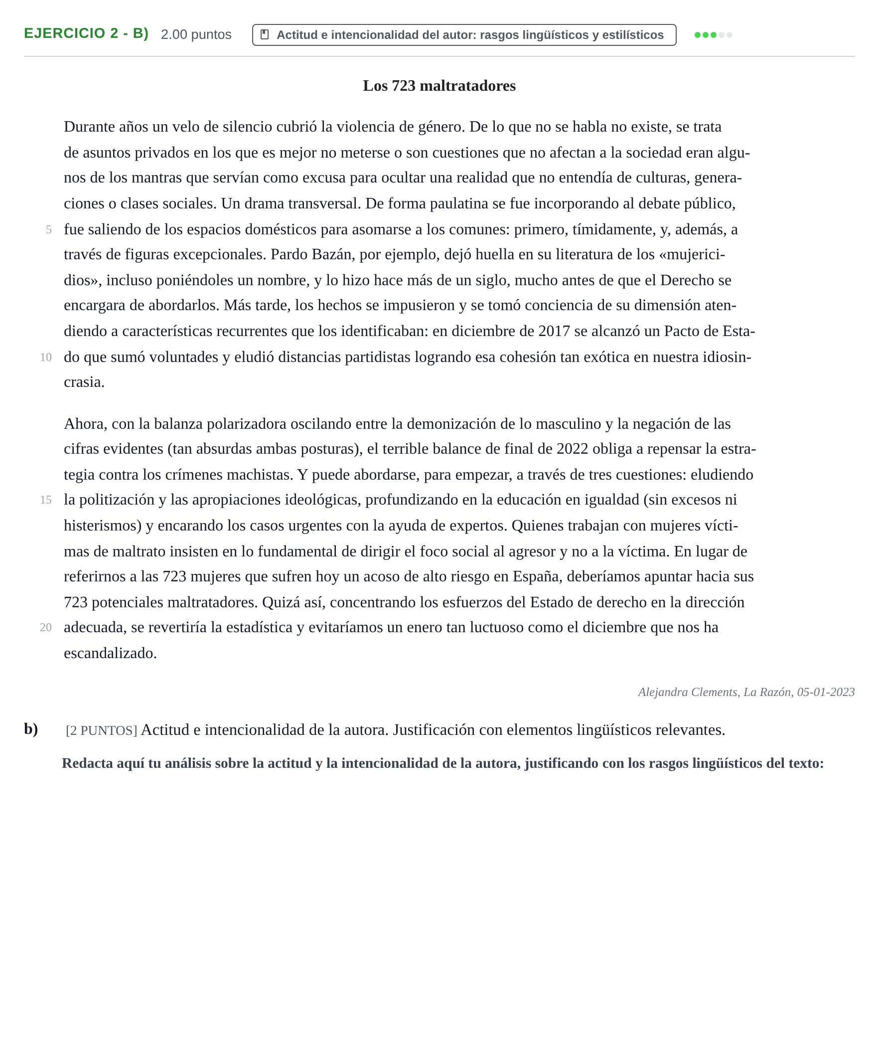 Enunciado: Ejercicio 2 - b) · Lengua Castellana y Literatura II PAU Cantabria Ordinaria 2023