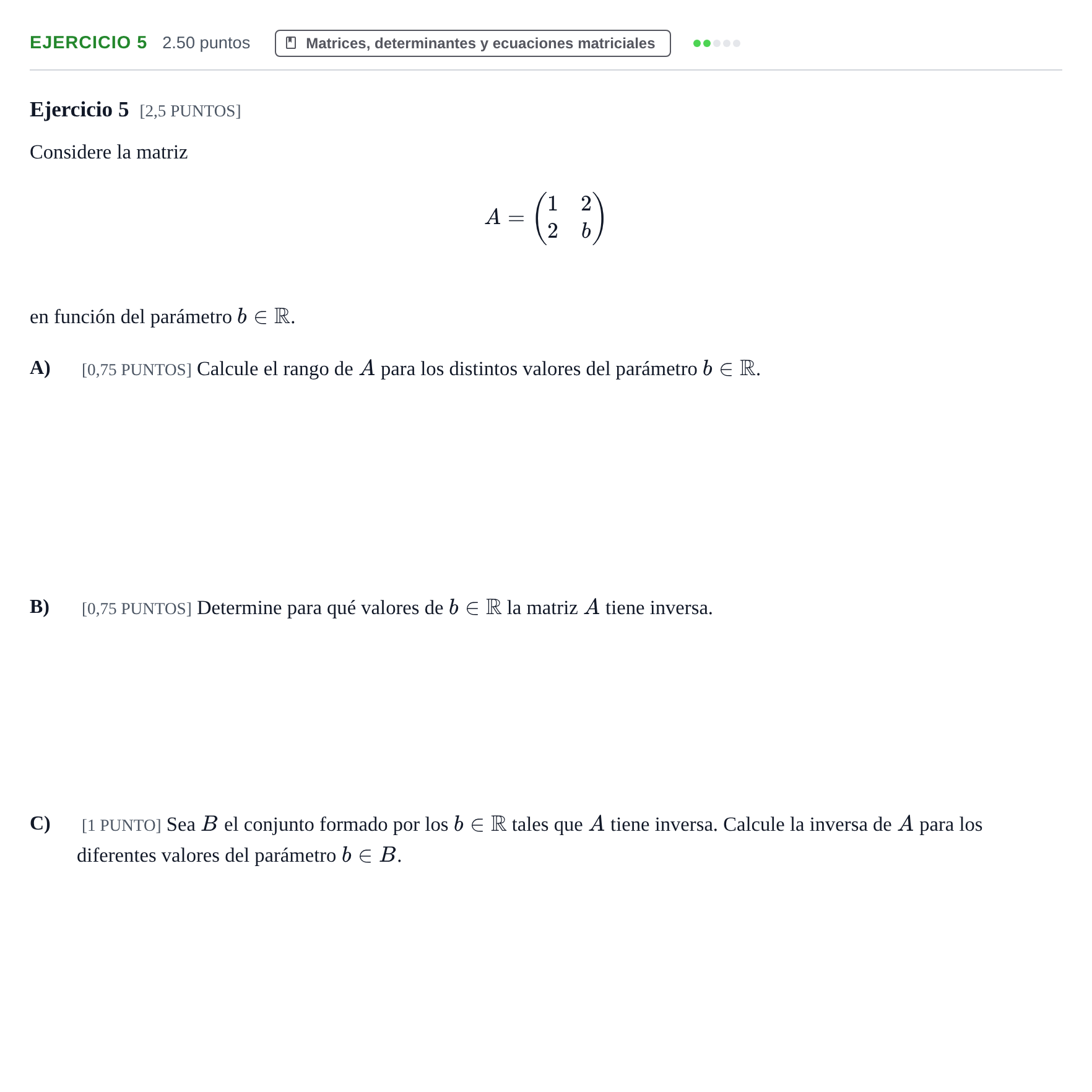 Enunciado: Ejercicio 5 · Matemáticas II PAU Cantabria Extraordinaria 2023