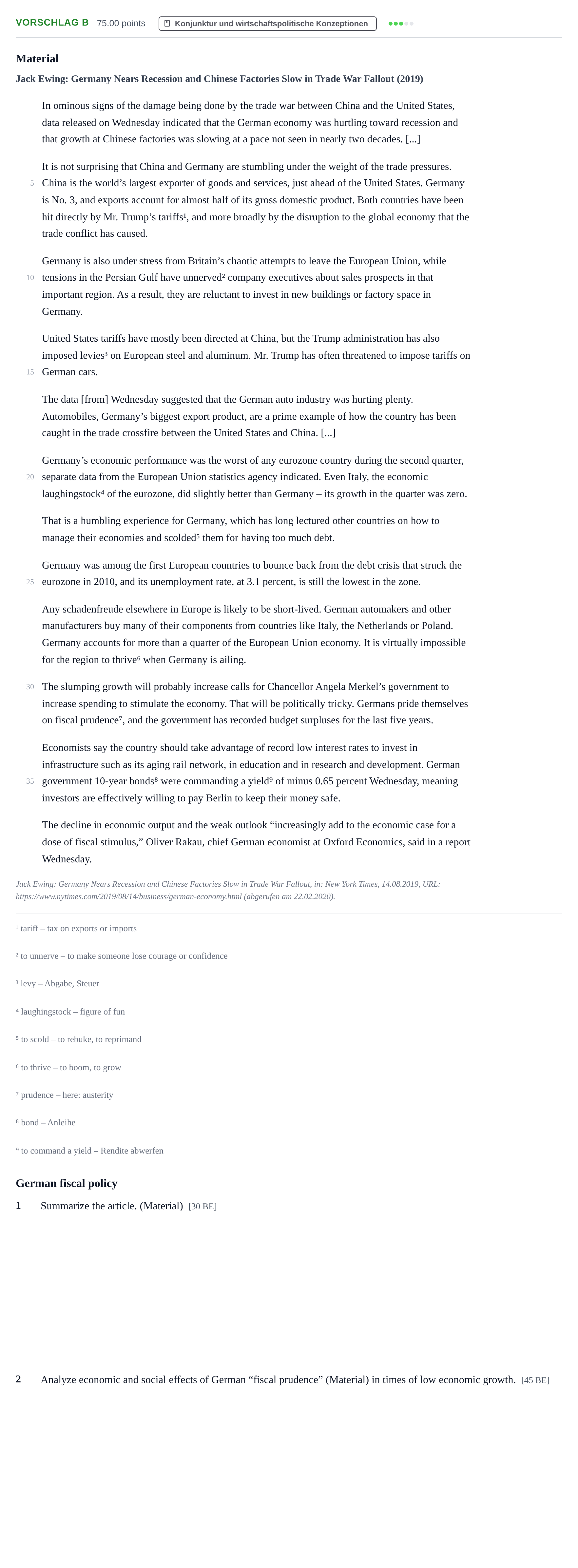 Aufgabenstellung: Aufgabe Vorschlag B - Konjunktur und wirtschaftspolitisch… · Abitur Hessen Politik und Wirtschaft GK · bilingual Englisch 2021
