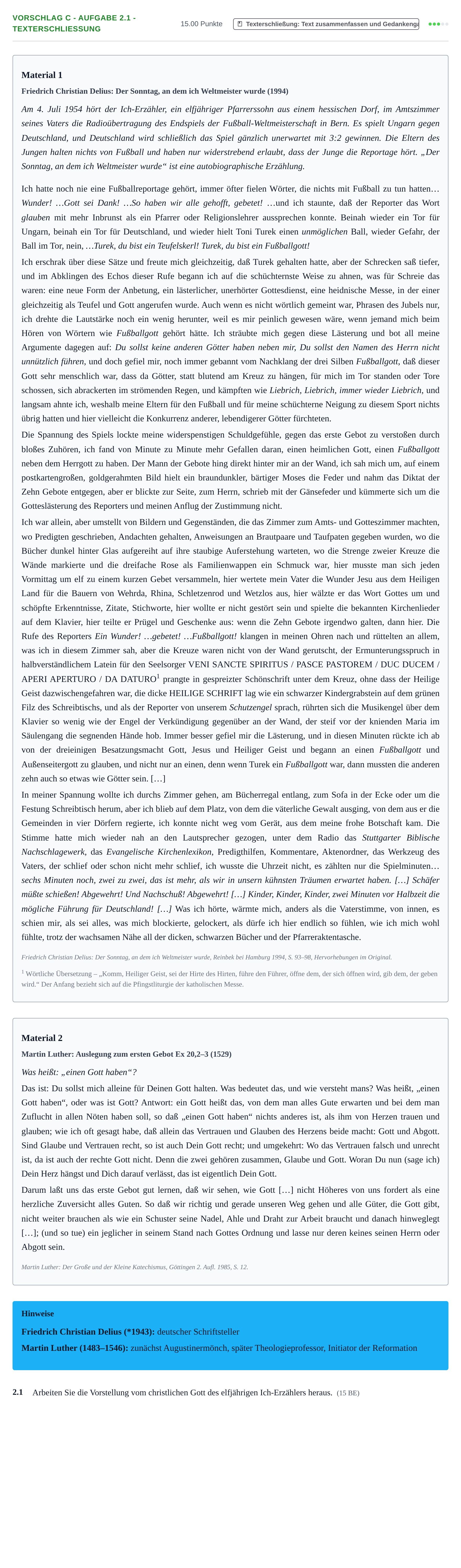 Aufgabenstellung: Aufgabe Vorschlag C - Aufgabe 2.1 - Texterschließung · Abitur Hessen Evangelische Religion GK 2021