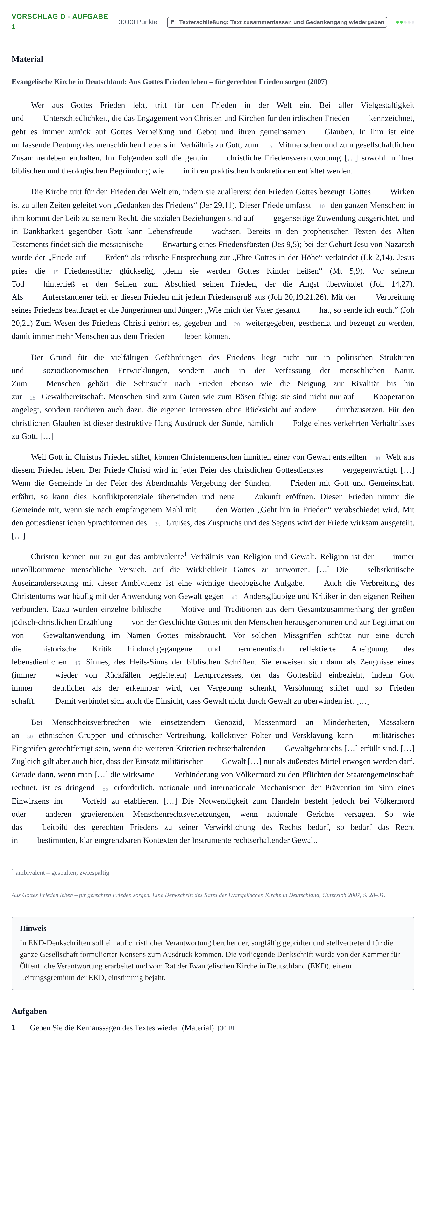 Aufgabenstellung: Aufgabe Vorschlag D - Aufgabe 1 · Abitur Hessen Evangelische Religion GK 2021