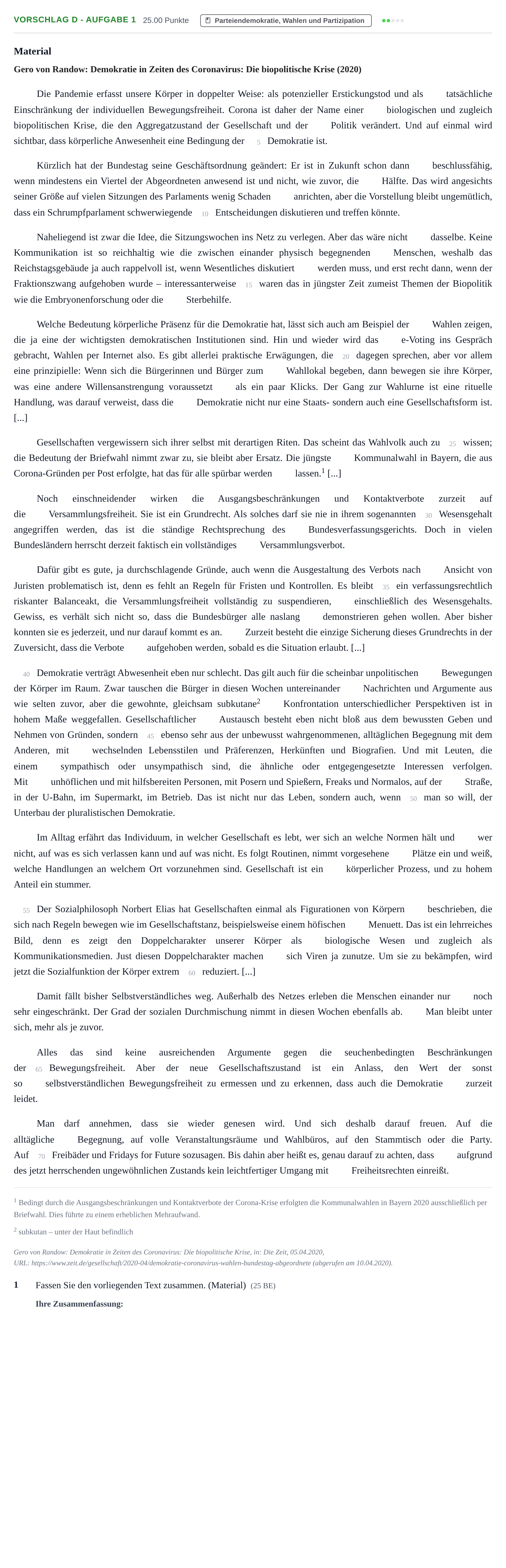 Aufgabenstellung: Aufgabe Vorschlag D - Aufgabe 1 · Abitur Hessen Politik und Wirtschaft GK 2021