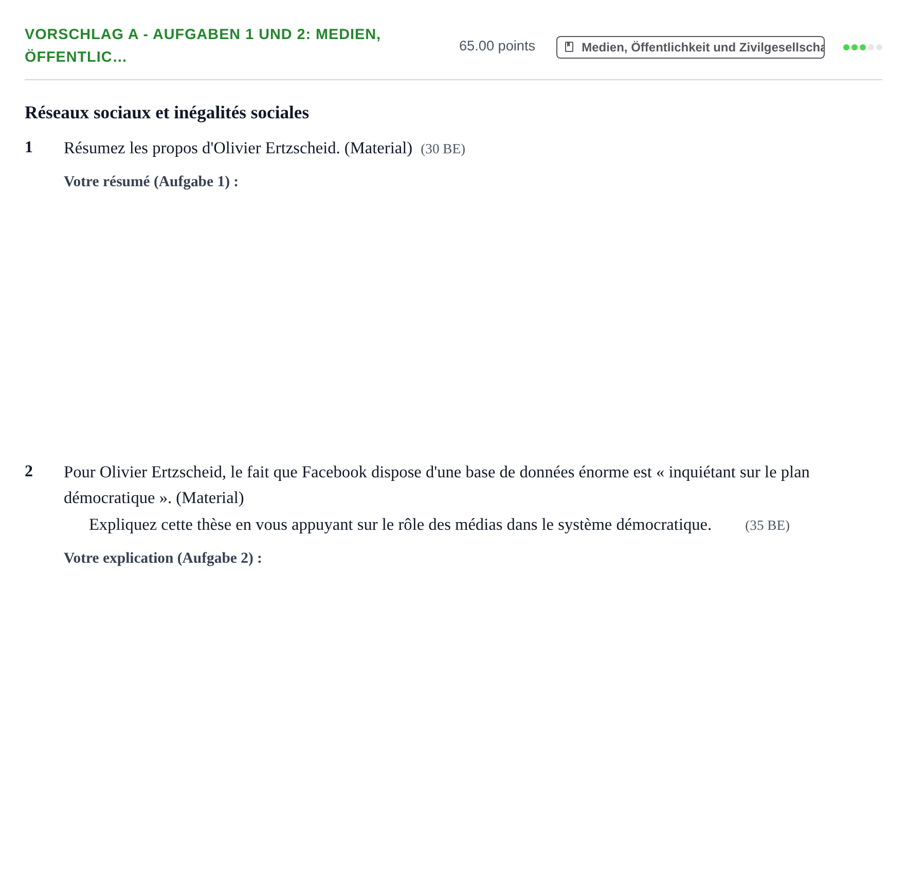 Aufgabenstellung: Aufgabe Vorschlag A - Aufgaben 1 und 2: Medien, Öffentlic… · Abitur Hessen Politik und Wirtschaft GK · bilingual Französisch 2021