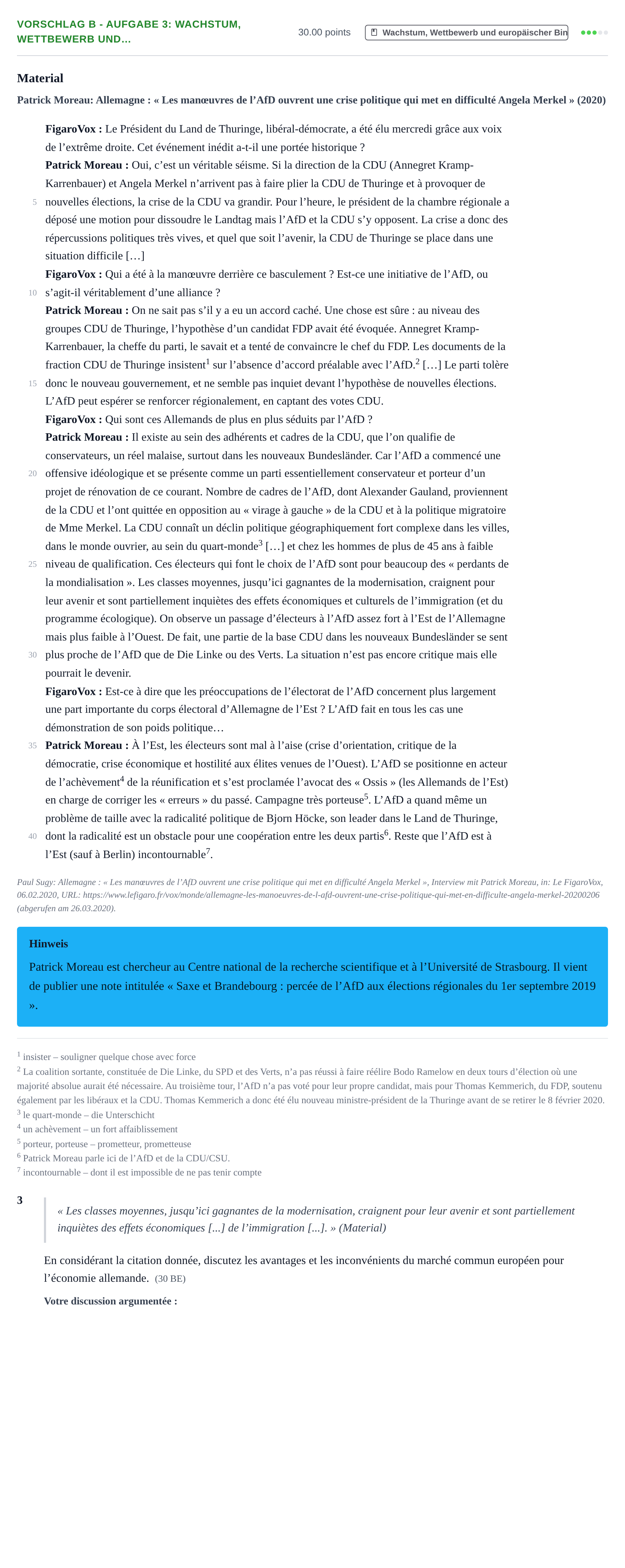 Aufgabenstellung: Aufgabe Vorschlag B - Aufgabe 3: Wachstum, Wettbewerb und… · Abitur Hessen Politik und Wirtschaft GK · bilingual Französisch 2021