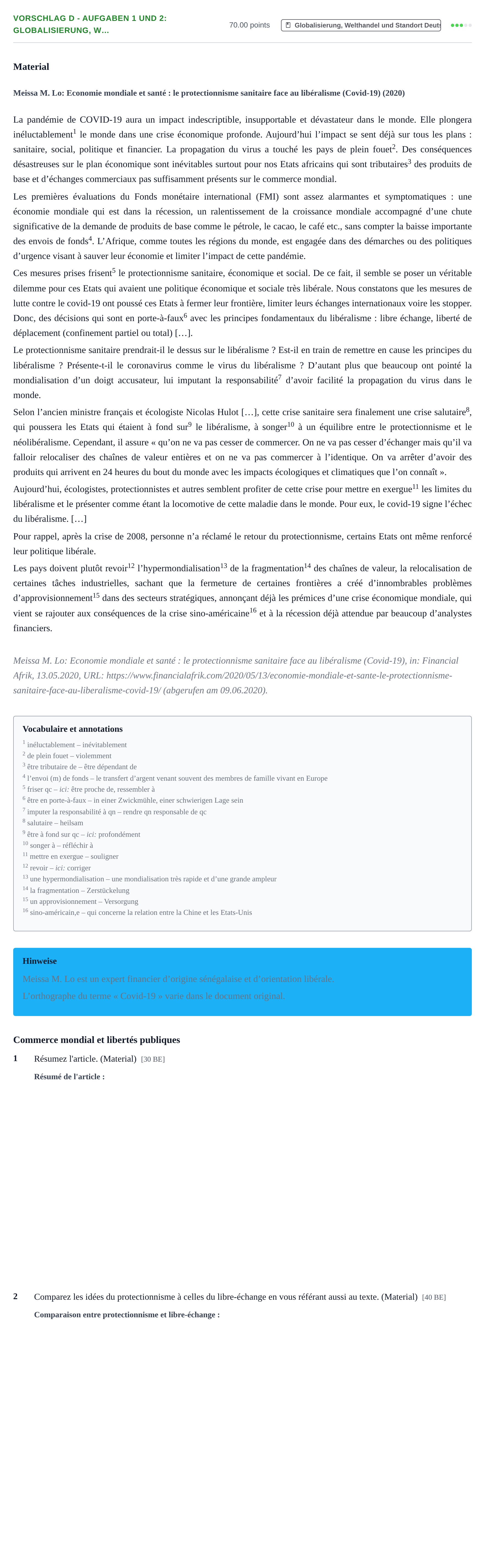 Aufgabenstellung: Aufgabe Vorschlag D - Aufgaben 1 und 2: Globalisierung, W… · Abitur Hessen Politik und Wirtschaft GK · bilingual Französisch 2021