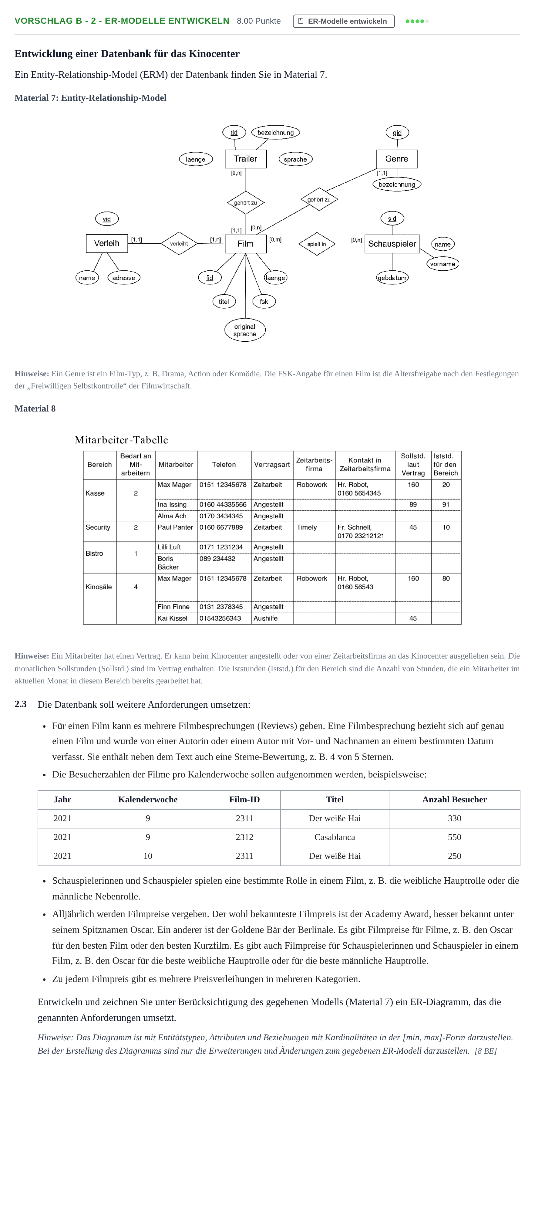 Aufgabenstellung: Aufgabe Vorschlag B - 2 - ER-Modelle entwickeln · Abitur Hessen Praktische Informatik LK 2021