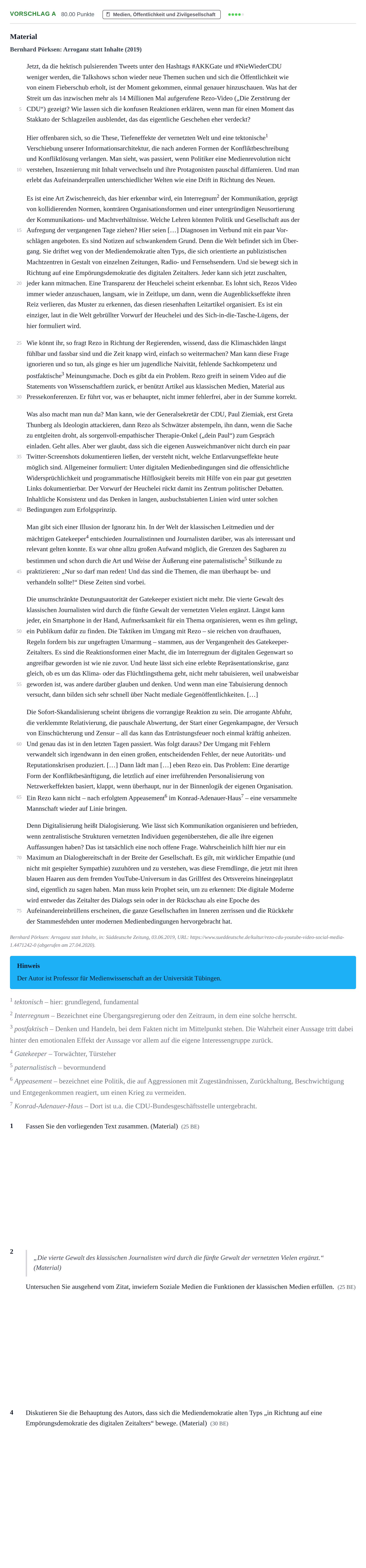Aufgabenstellung: Aufgabe Vorschlag A - Medien, Öffentlichkeit und Zivilges… · Abitur Hessen Politik und Wirtschaft LK 2021
