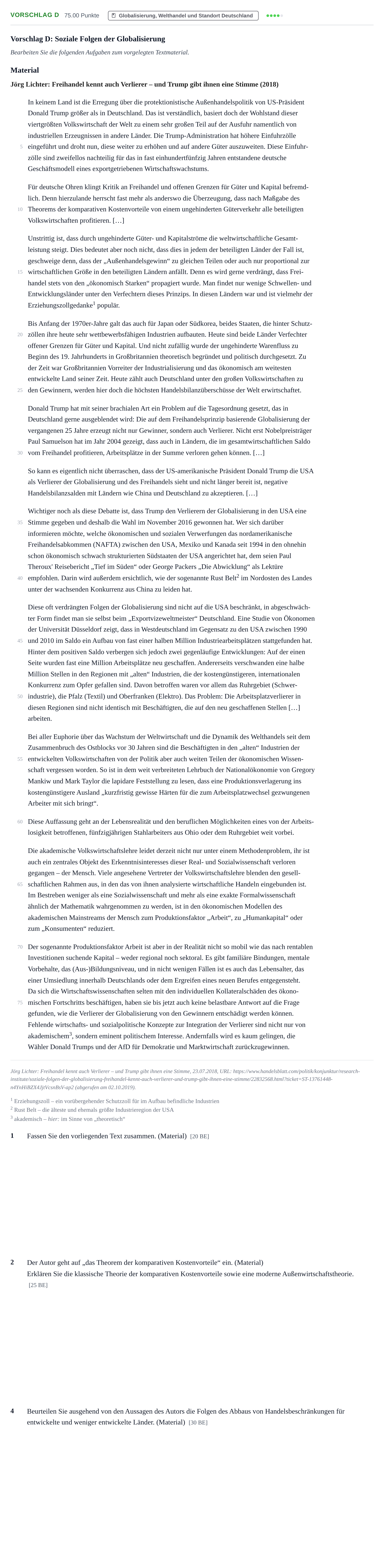 Aufgabenstellung: Aufgabe Vorschlag D - Globalisierung, Welthandel und Stan… · Abitur Hessen Politik und Wirtschaft LK 2021