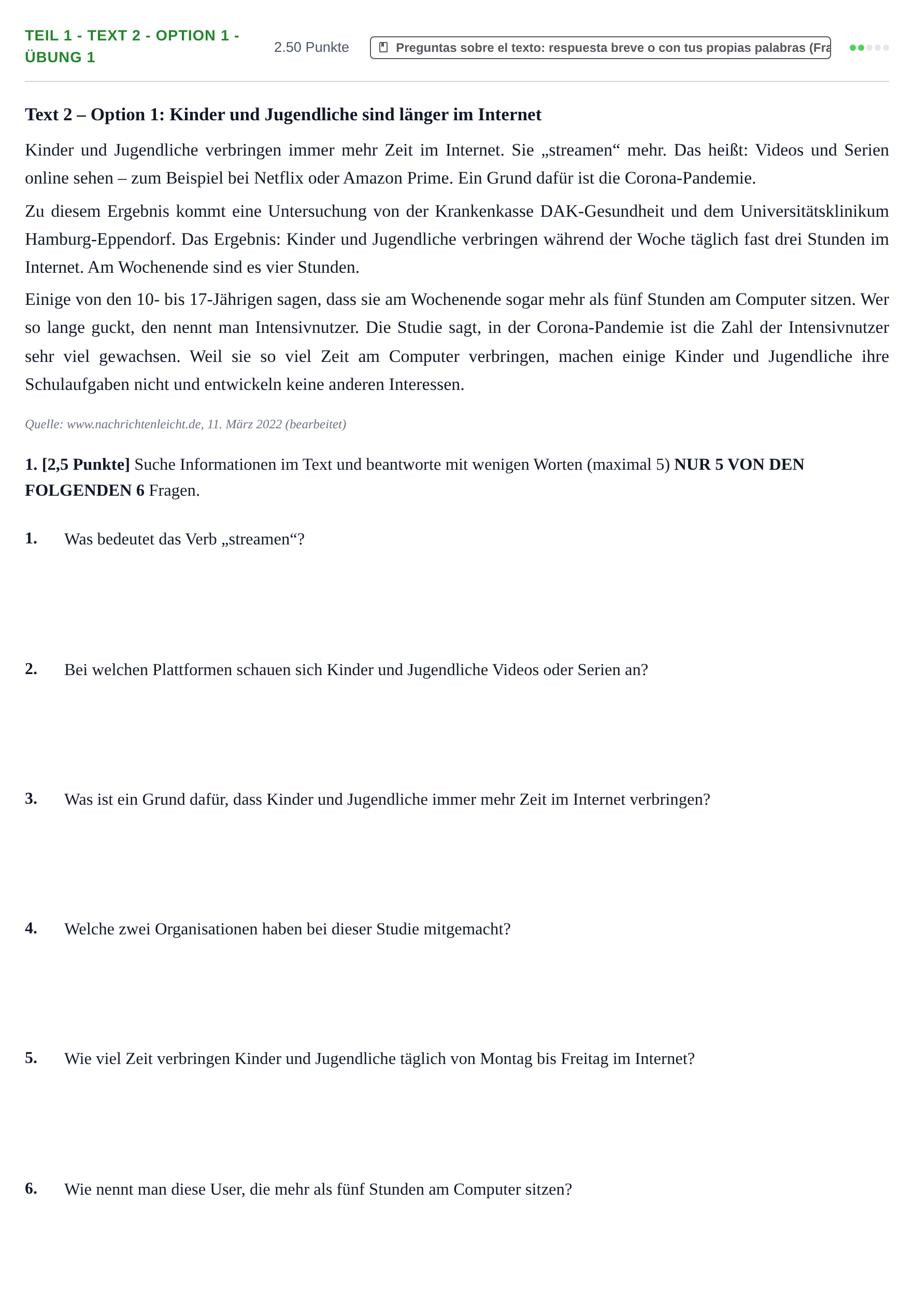 Enunciado: Ejercicio Teil 1 - Text 2 - Option 1 - Übung 1 · Alemán PAU Cantabria Extraordinaria 2022