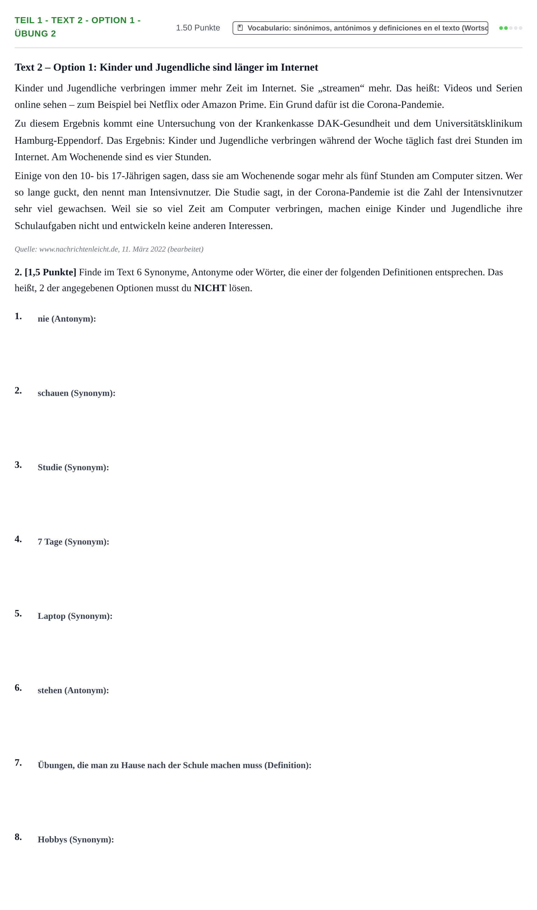 Enunciado: Ejercicio Teil 1 - Text 2 - Option 1 - Übung 2 · Alemán PAU Cantabria Extraordinaria 2022