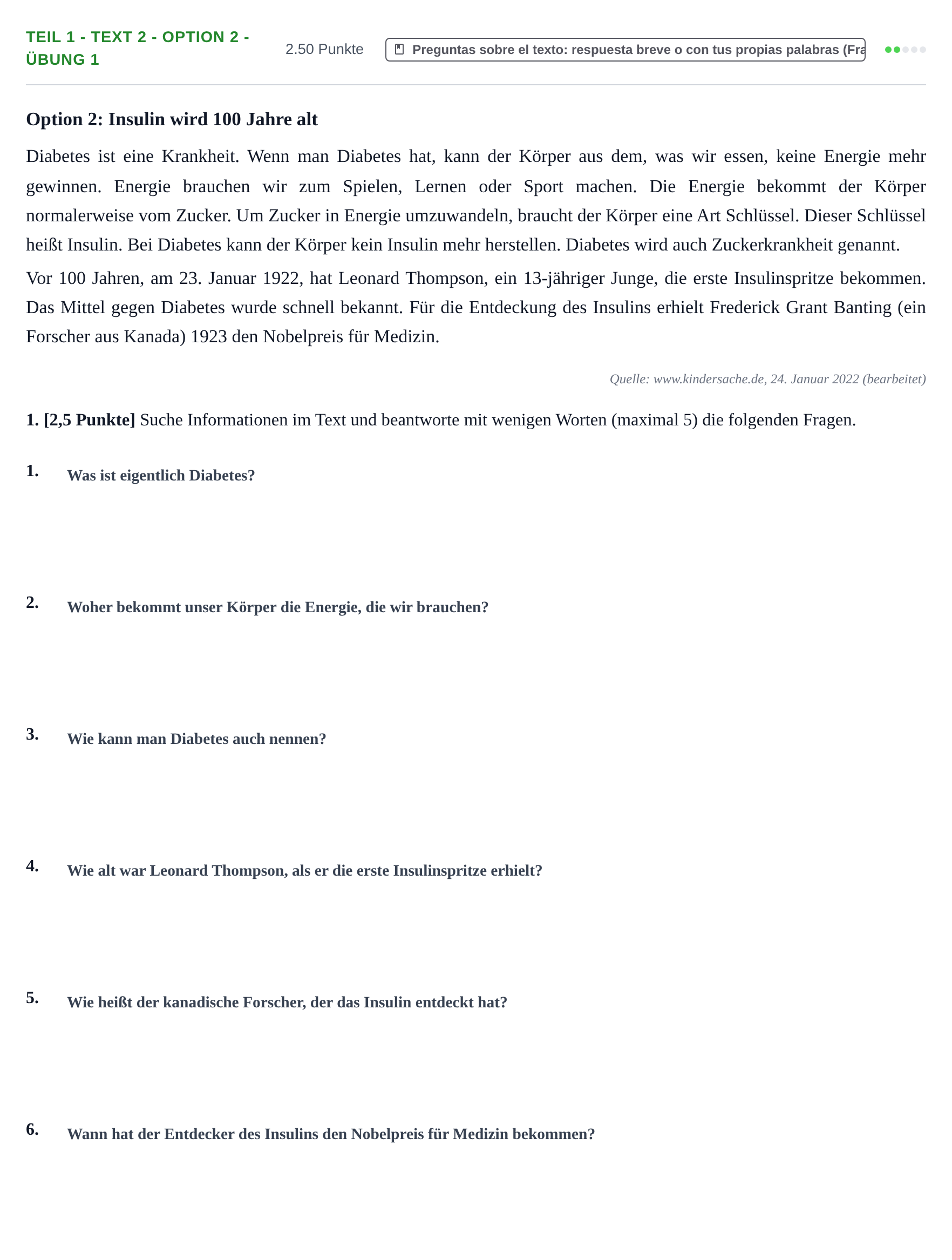 Enunciado: Ejercicio Teil 1 - Text 2 - Option 2 - Übung 1 · Alemán PAU Cantabria Extraordinaria 2022
