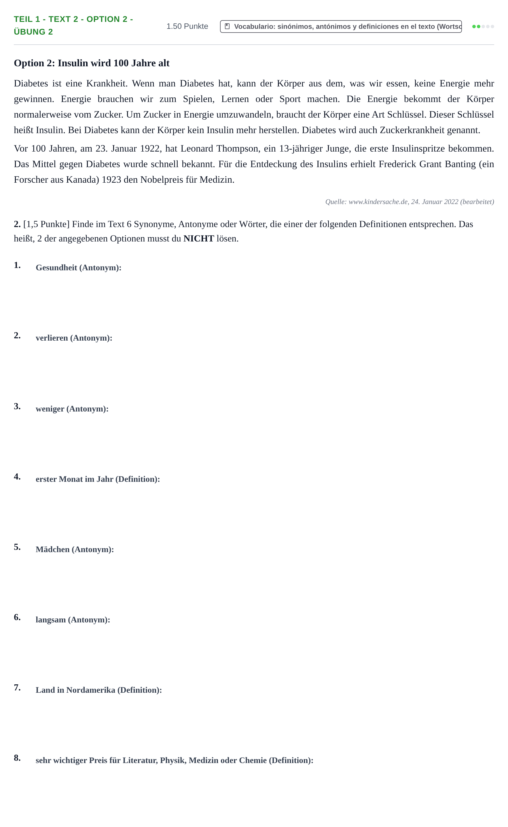 Enunciado: Ejercicio Teil 1 - Text 2 - Option 2 - Übung 2 · Alemán PAU Cantabria Extraordinaria 2022