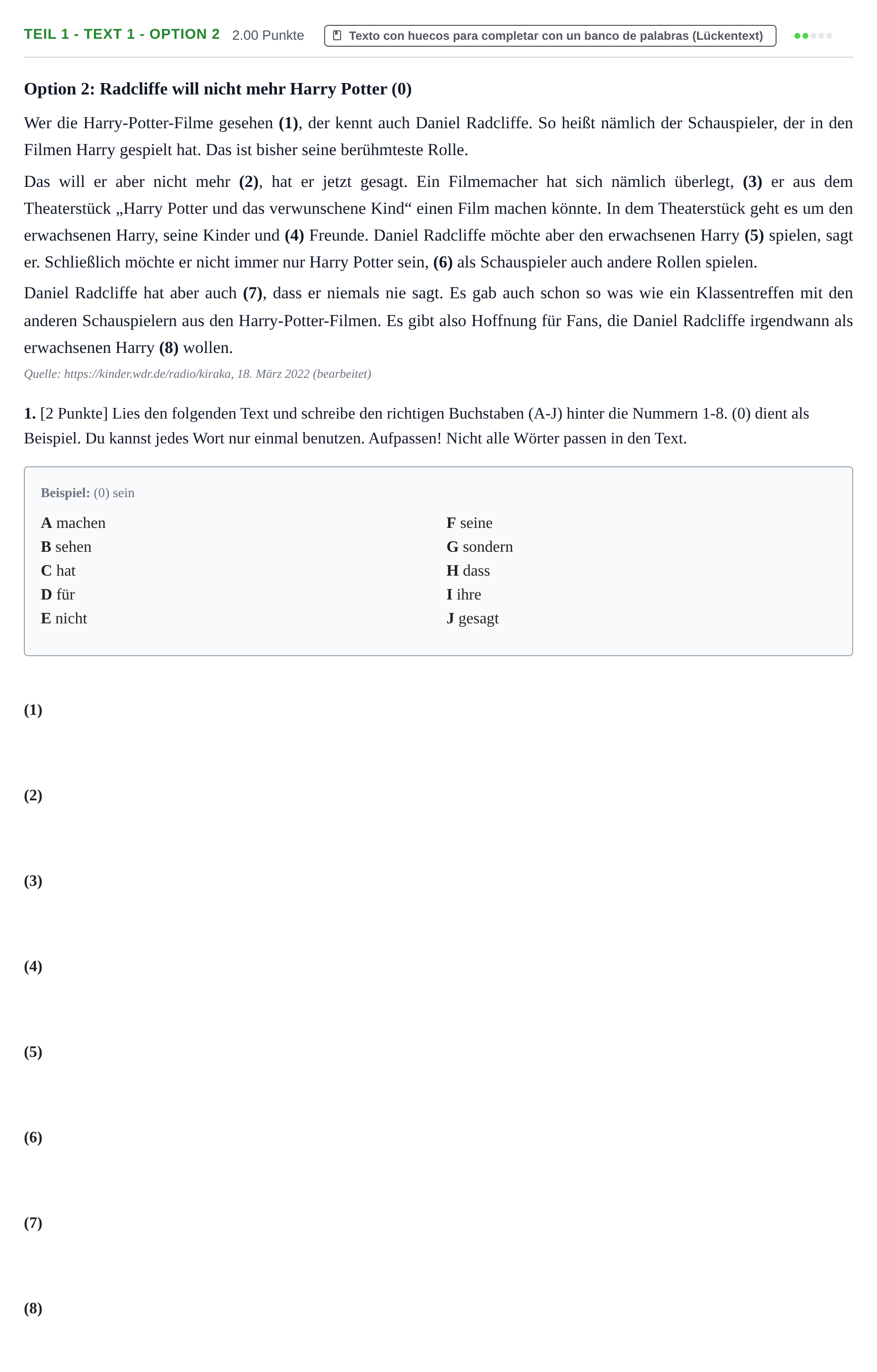 Enunciado: Ejercicio Teil 1 - Text 1 - Option 2 · Alemán PAU Cantabria Ordinaria 2022