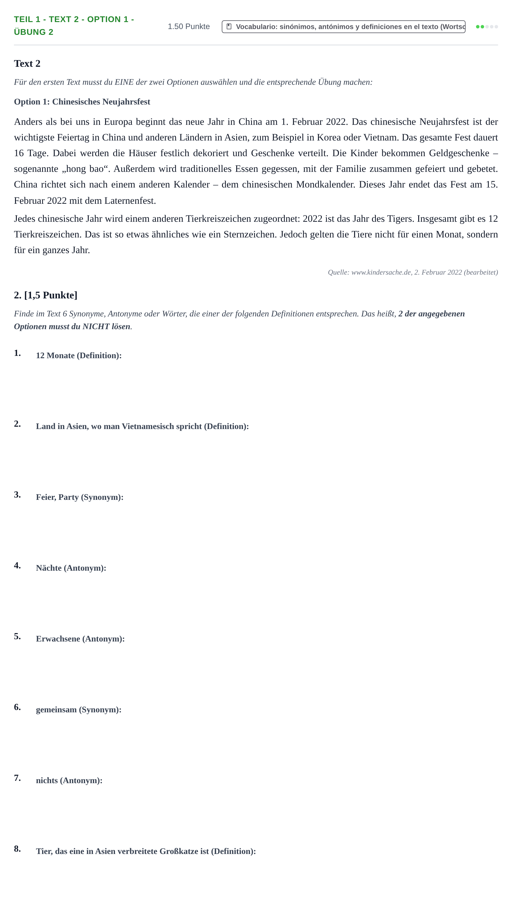 Enunciado: Ejercicio Teil 1 - Text 2 - Option 1 - Übung 2 · Alemán PAU Cantabria Ordinaria 2022