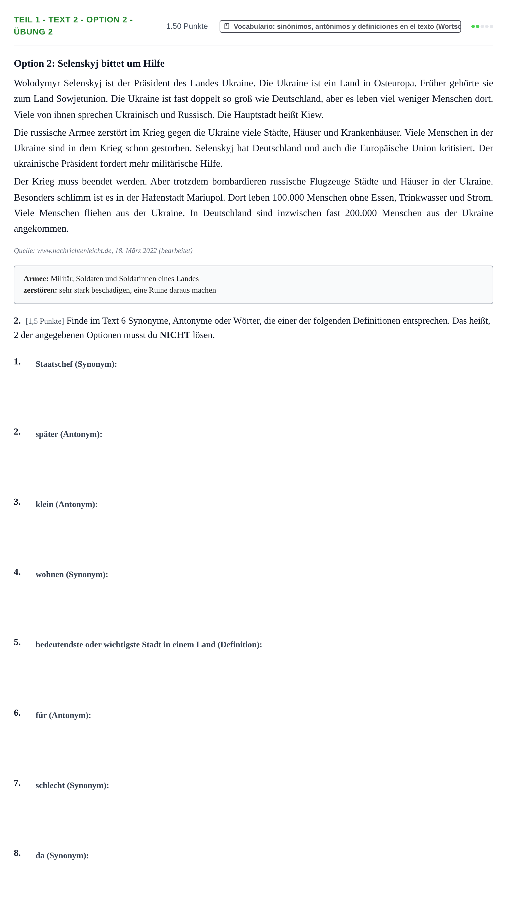 Enunciado: Ejercicio Teil 1 - Text 2 - Option 2 - Übung 2 · Alemán PAU Cantabria Ordinaria 2022