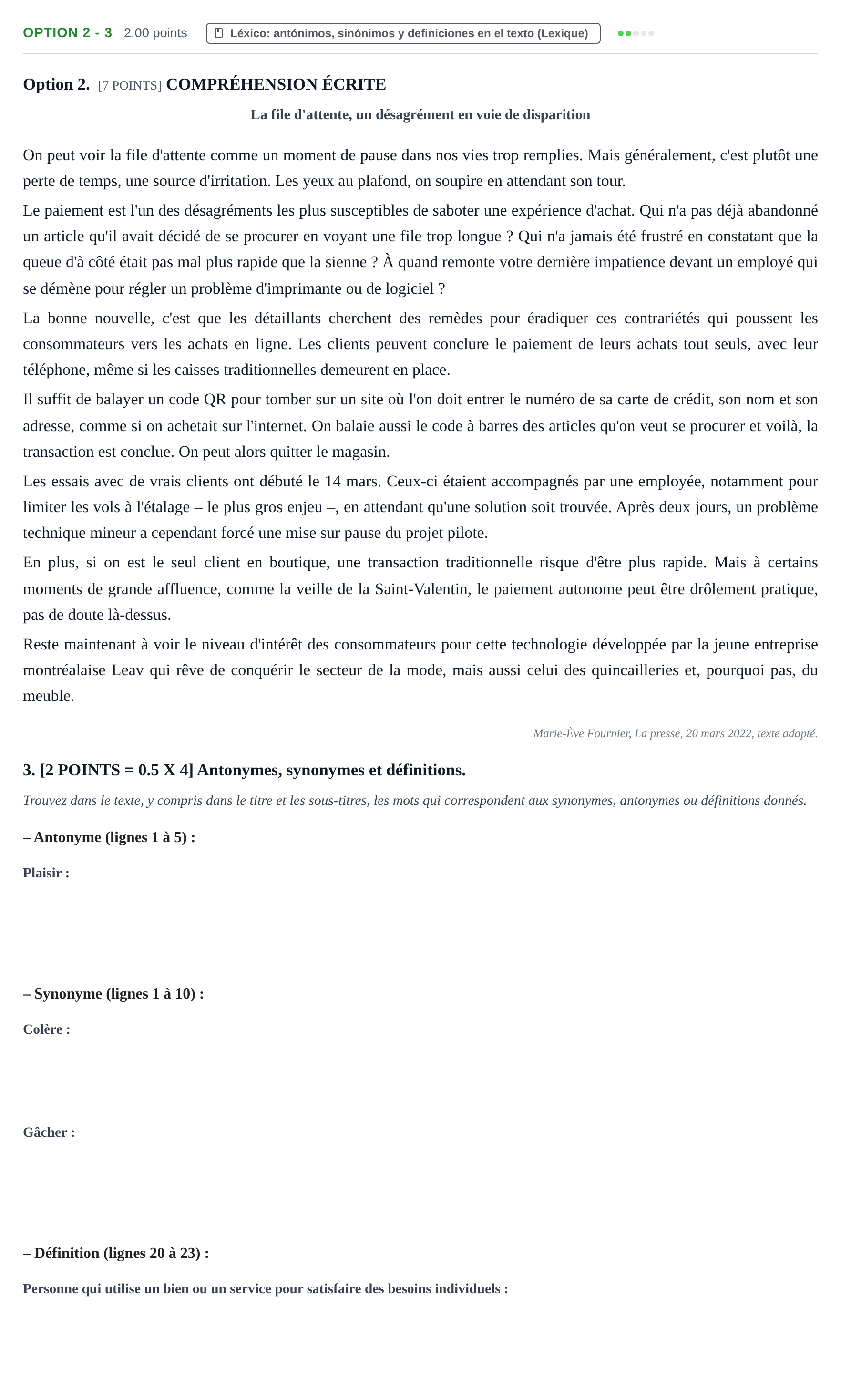Enunciado: Ejercicio Option 2 - 3 · Francés PAU Cantabria Extraordinaria 2022