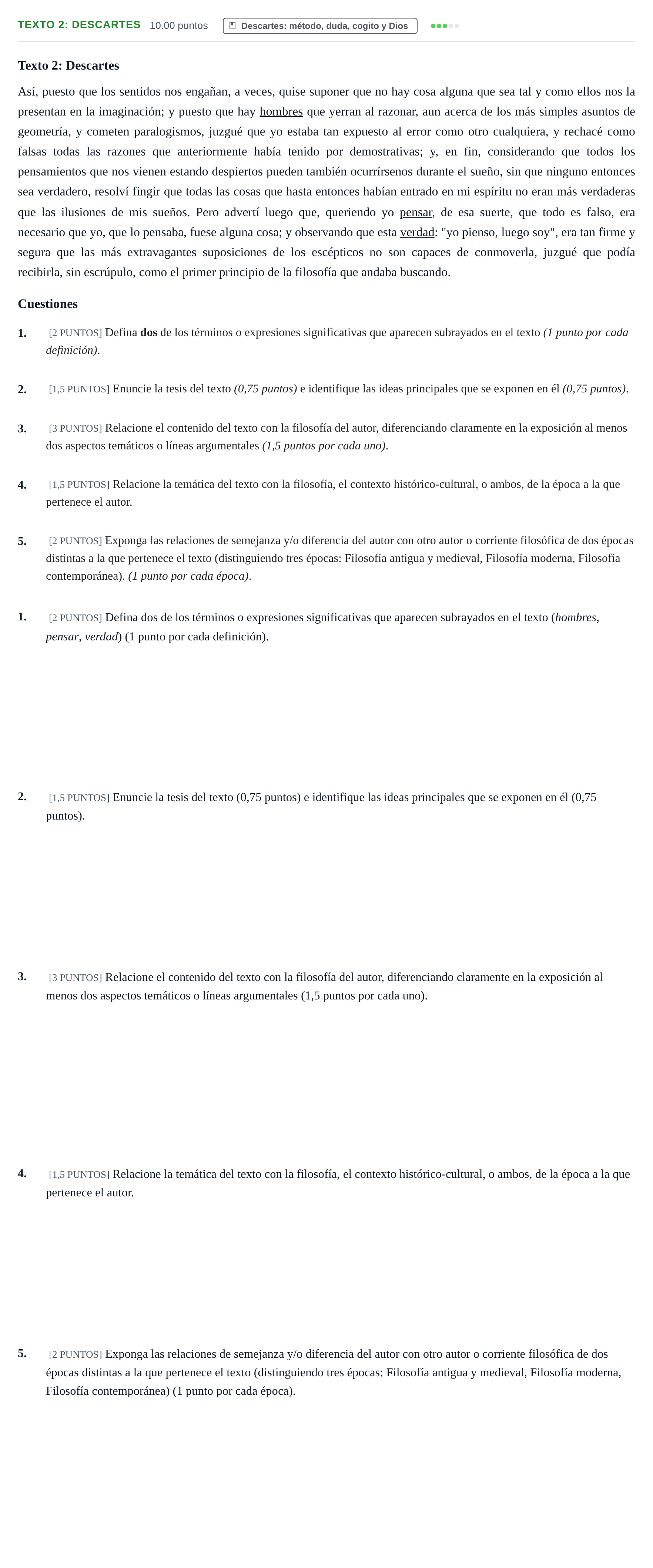 Enunciado: Ejercicio Texto 2: Descartes · Historia de la Filosofía PAU Cantabria Extraordinaria 2022