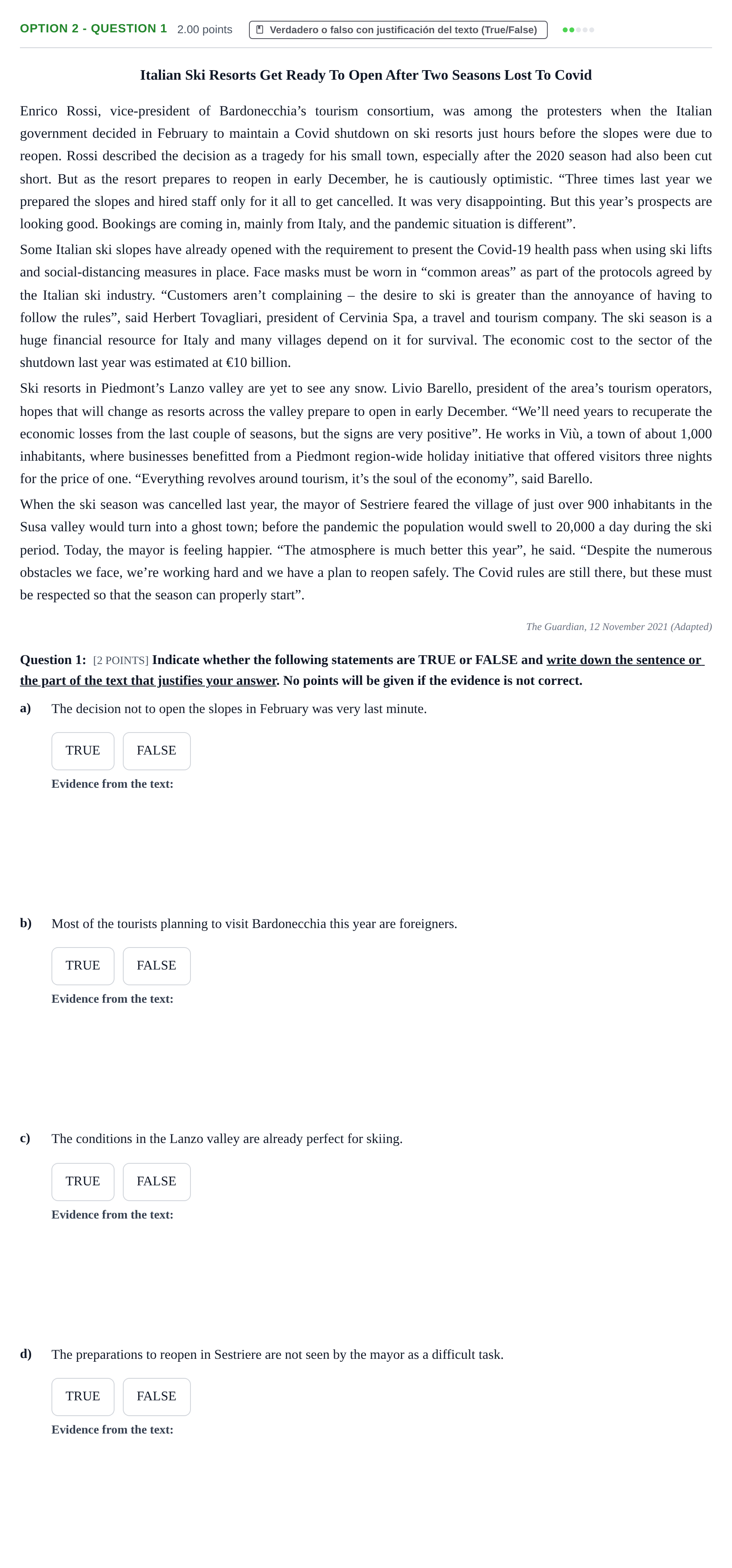 Enunciado: Ejercicio Option 2 - Question 1 · Inglés PAU Cantabria Extraordinaria 2022