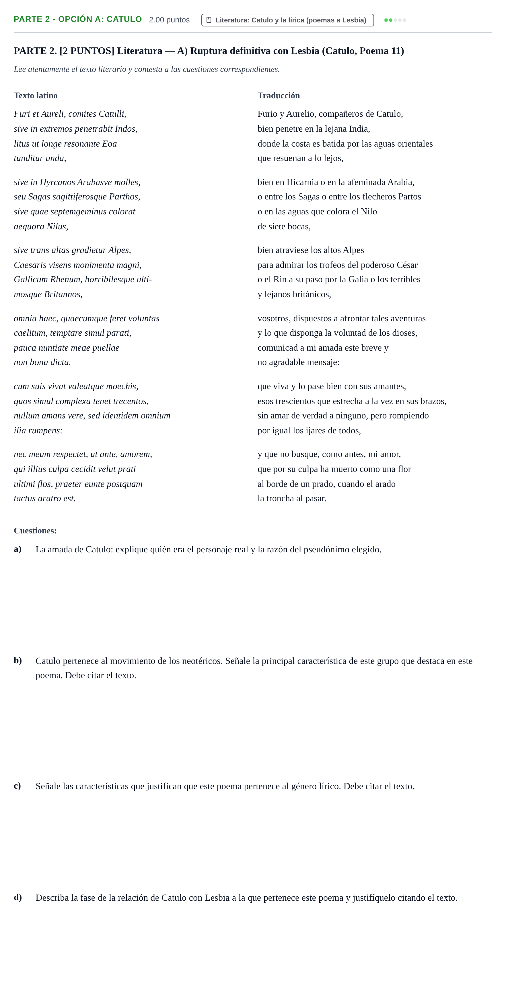 Enunciado: Ejercicio Parte 2 - Opción A: Catulo · Latín II PAU Cantabria Extraordinaria 2022