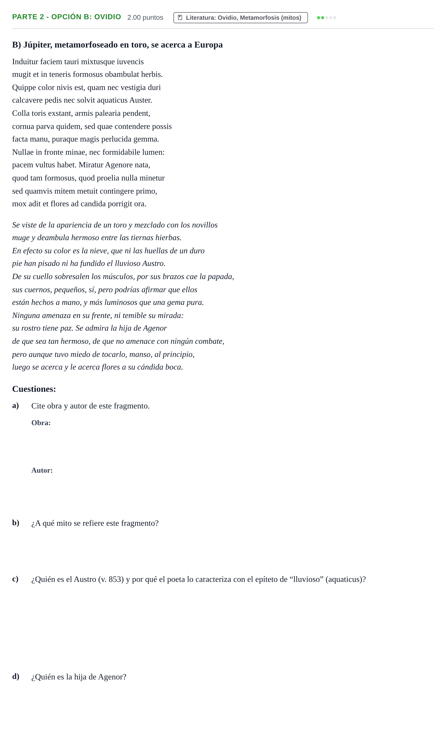 Enunciado: Ejercicio Parte 2 - Opción B: Ovidio · Latín II PAU Cantabria Extraordinaria 2022