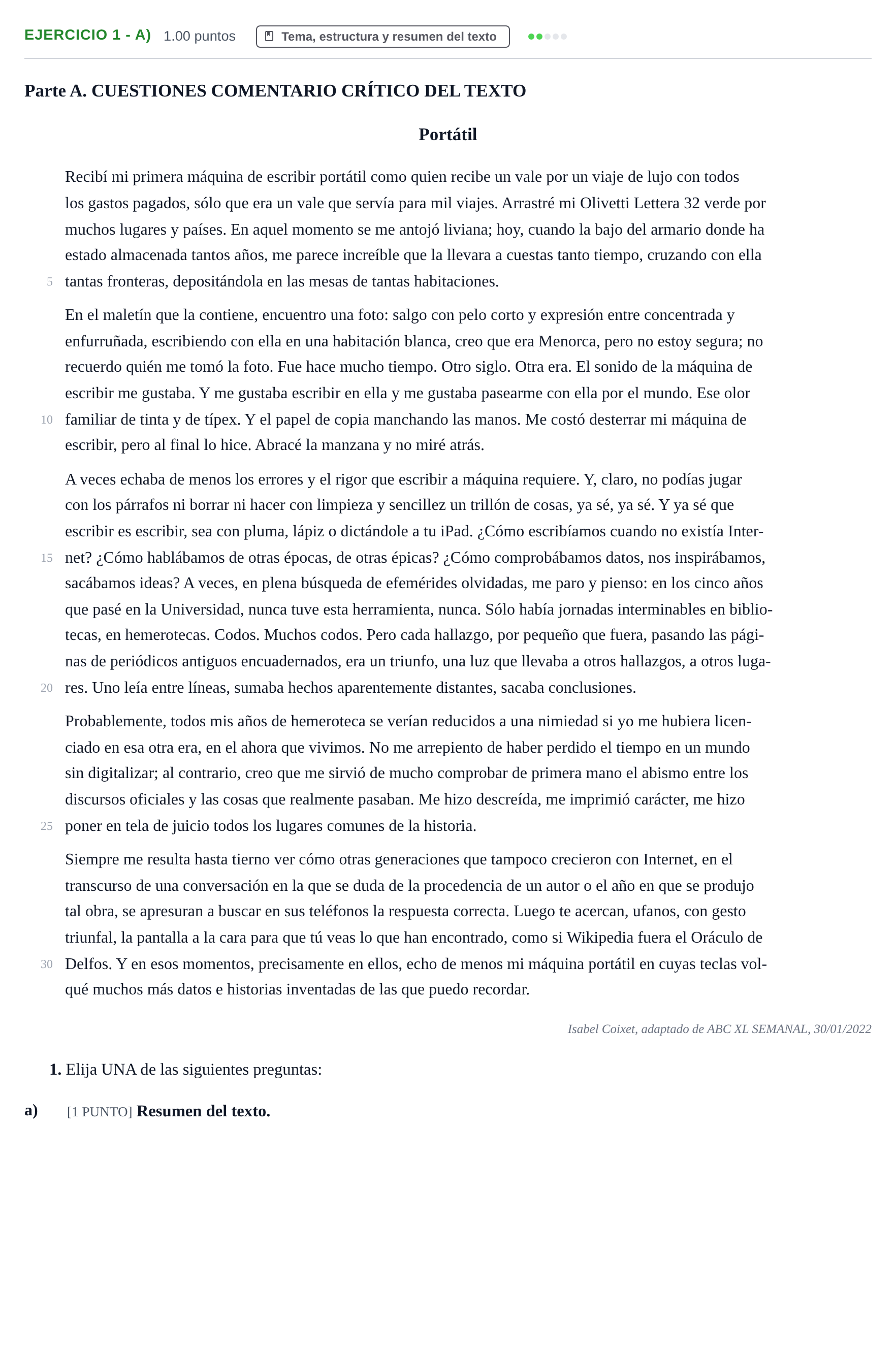Enunciado: Ejercicio 1 - a) · Lengua Castellana y Literatura II PAU Cantabria Extraordinaria 2022