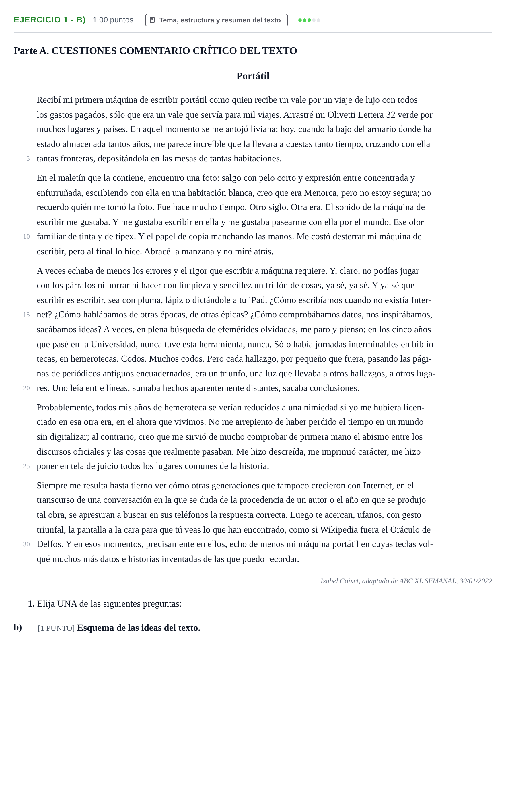 Enunciado: Ejercicio 1 - b) · Lengua Castellana y Literatura II PAU Cantabria Extraordinaria 2022